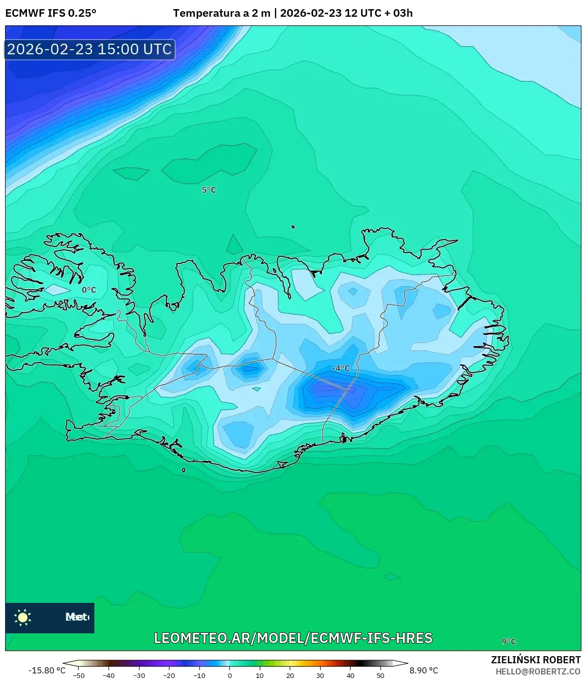 ECMWF IFS 0.25° model - Islandia, Temperatura a 2 m