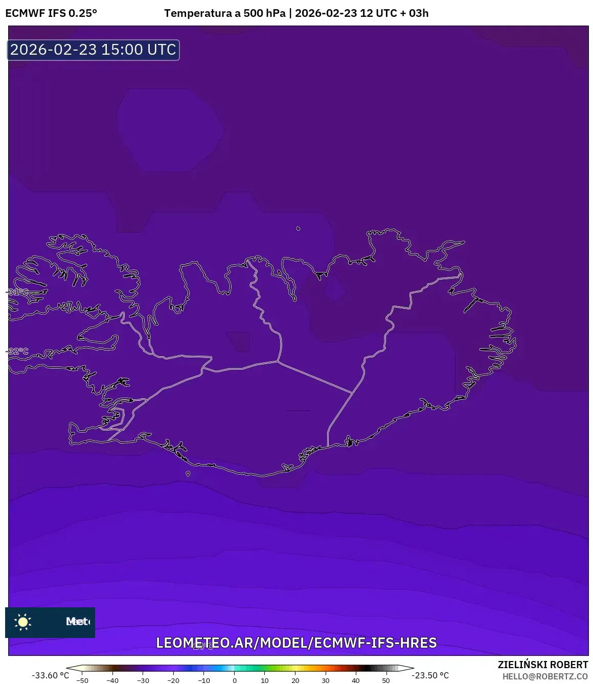 ECMWF IFS 0.25° model - Islandia, Temperatura a 500 hPa