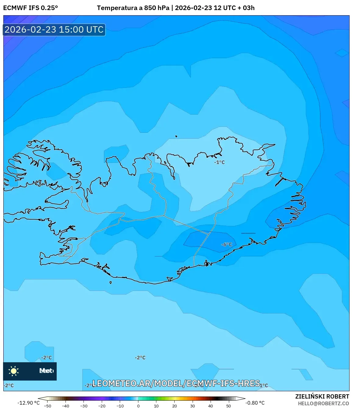ECMWF IFS 0.25° model - Islandia, Temperatura a 850 hPa