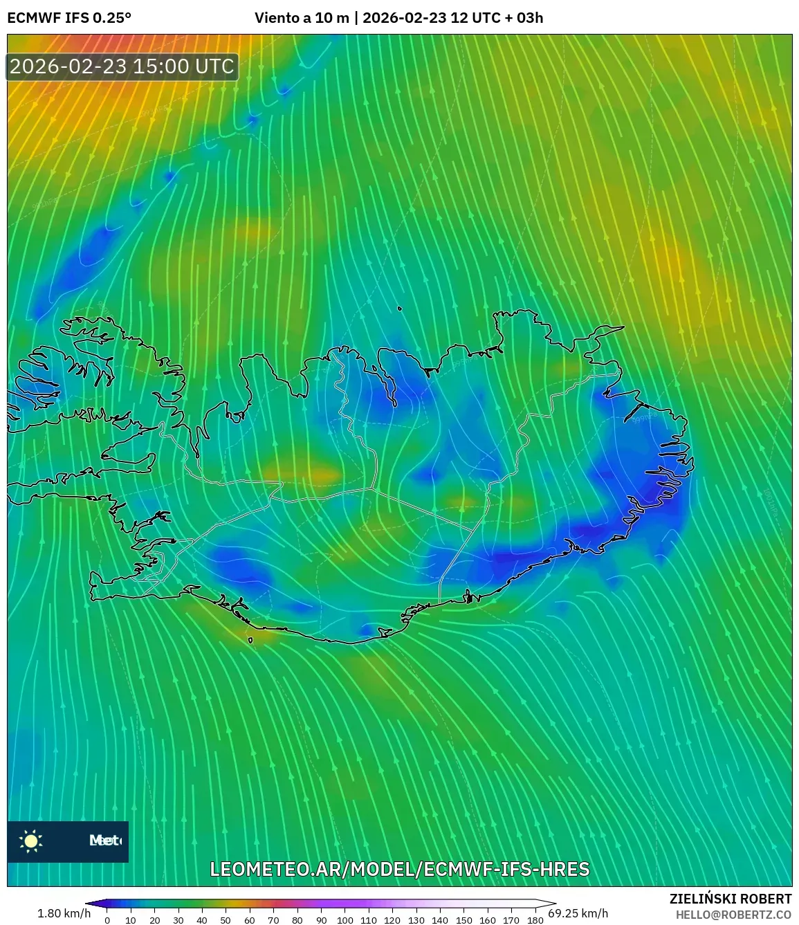 ECMWF IFS 0.25° model - Islandia, Viento a 10 m