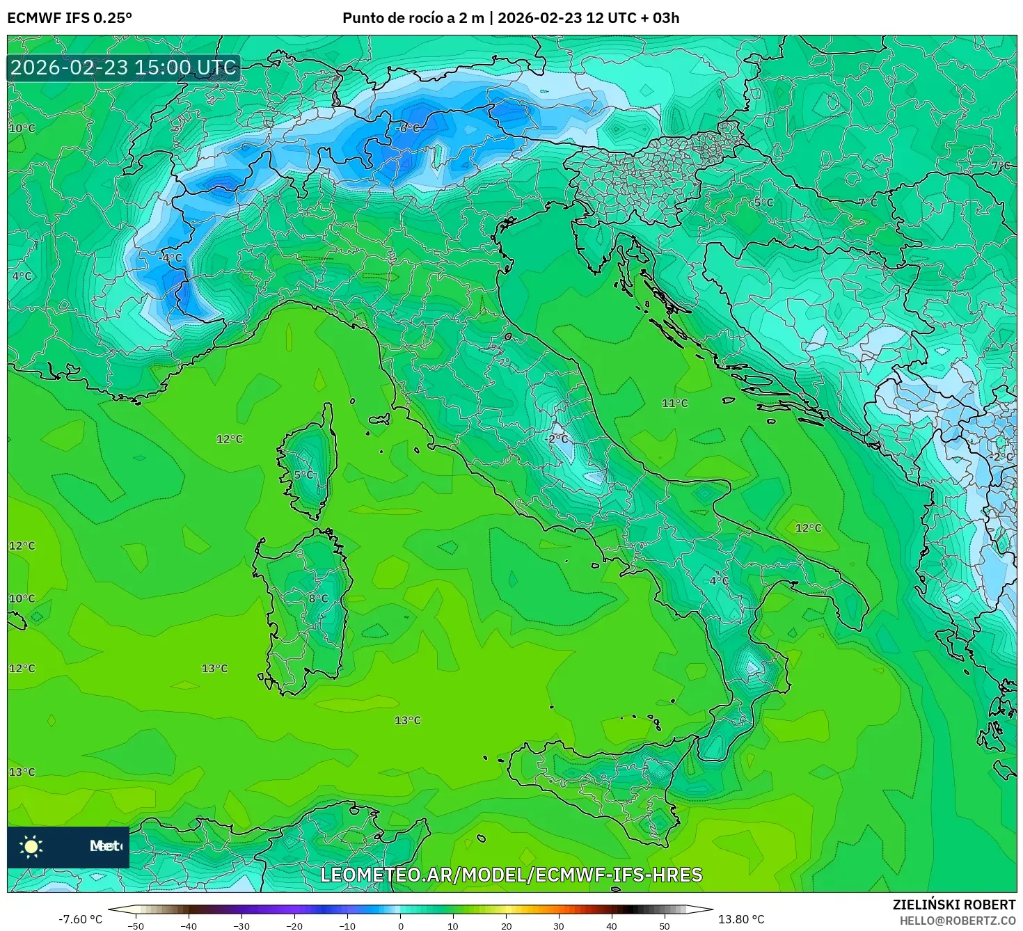 ECMWF IFS 0.25° model - Italia, Punto de rocío a 2 m