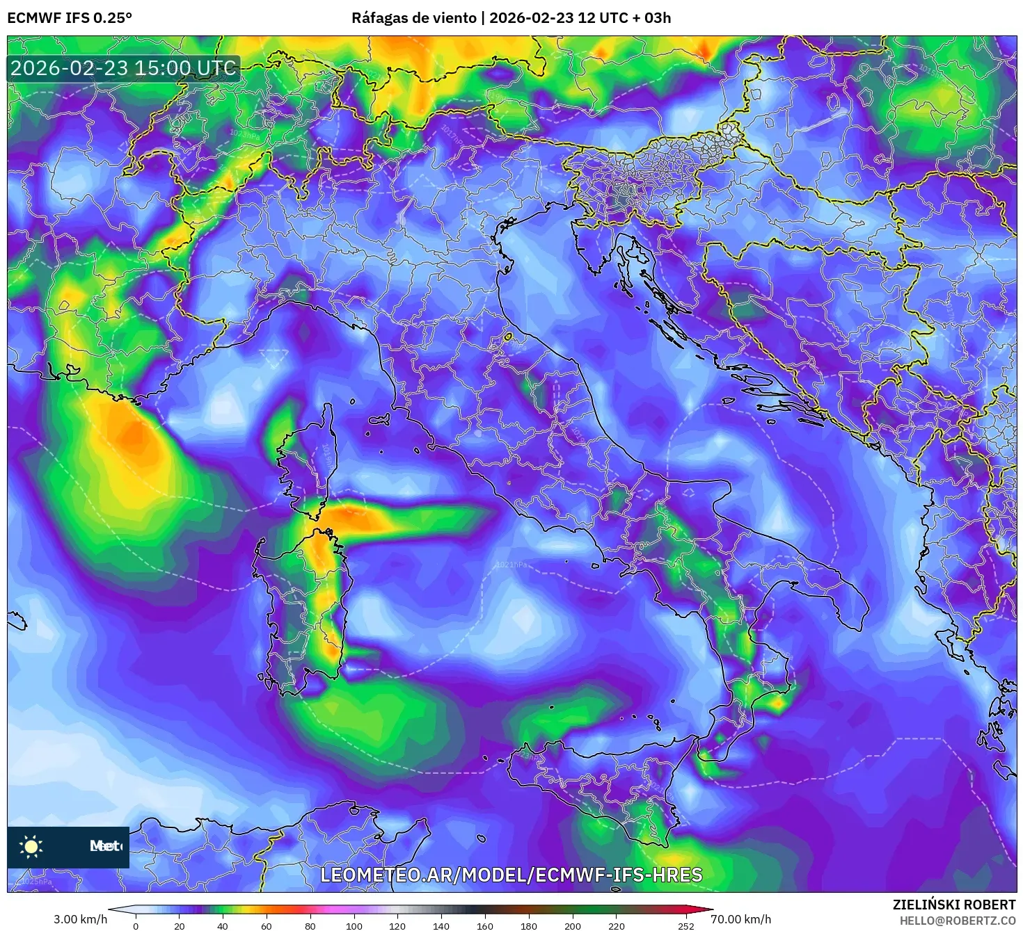 ECMWF IFS 0.25° model - Italia, Ráfagas de viento