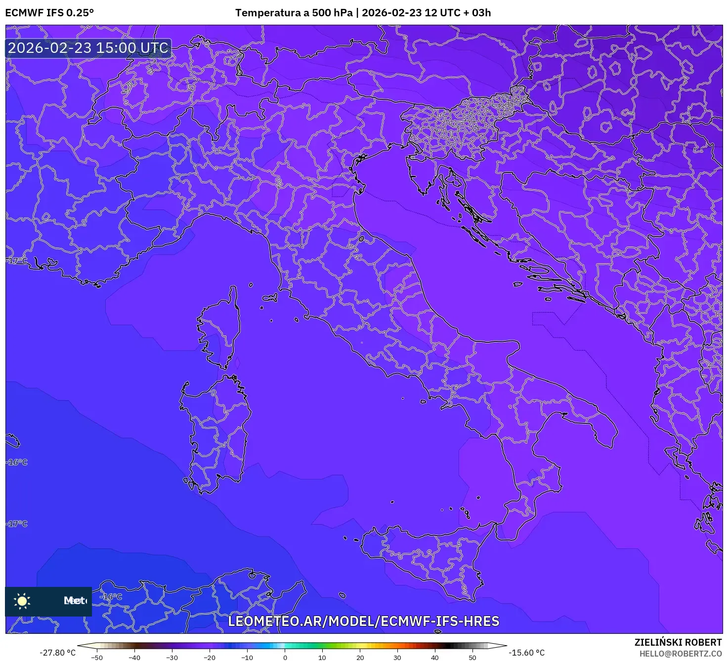 ECMWF IFS 0.25° model - Italia, Temperatura a 500 hPa