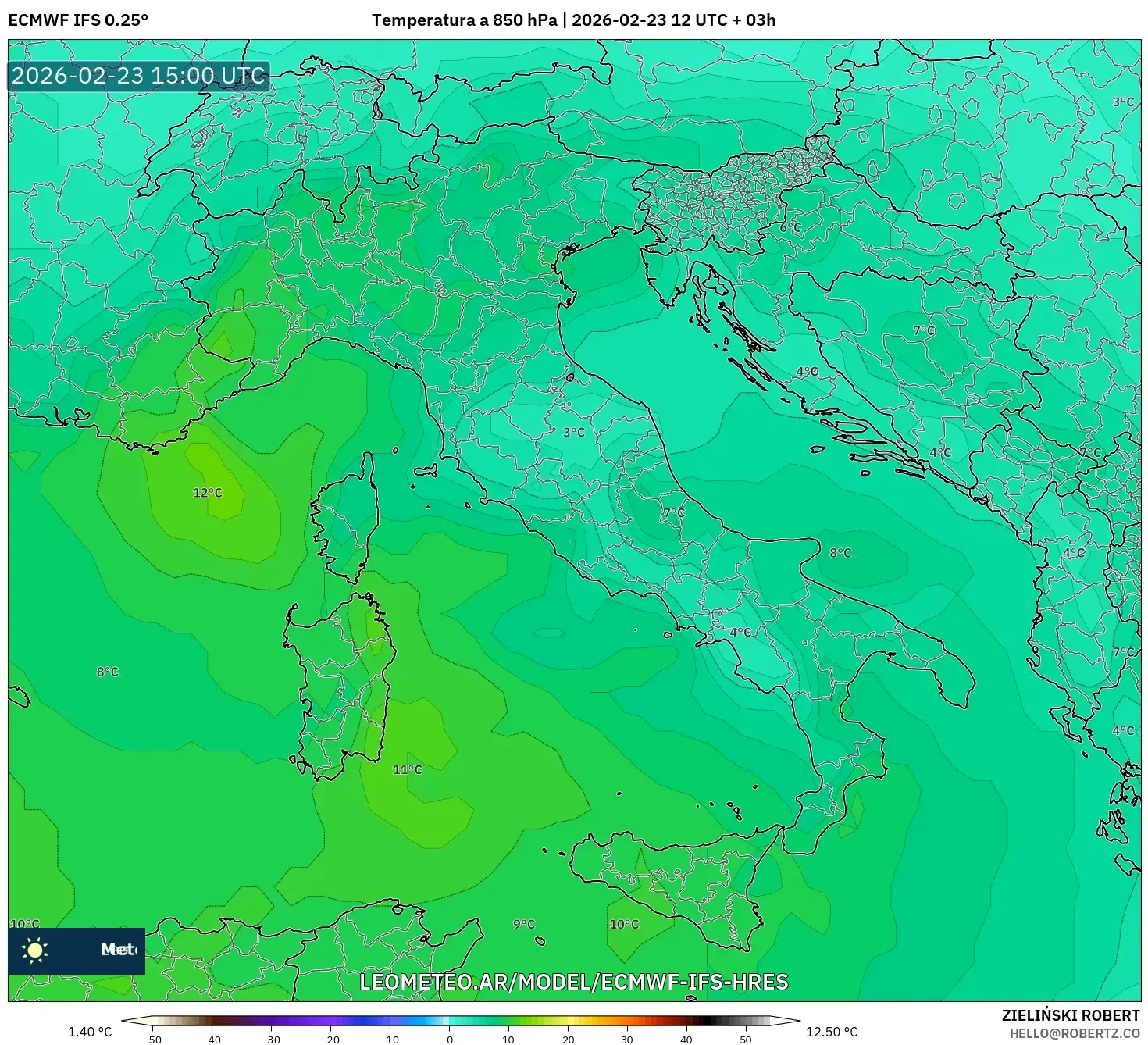 ECMWF IFS 0.25° model - Italia, Temperatura a 850 hPa