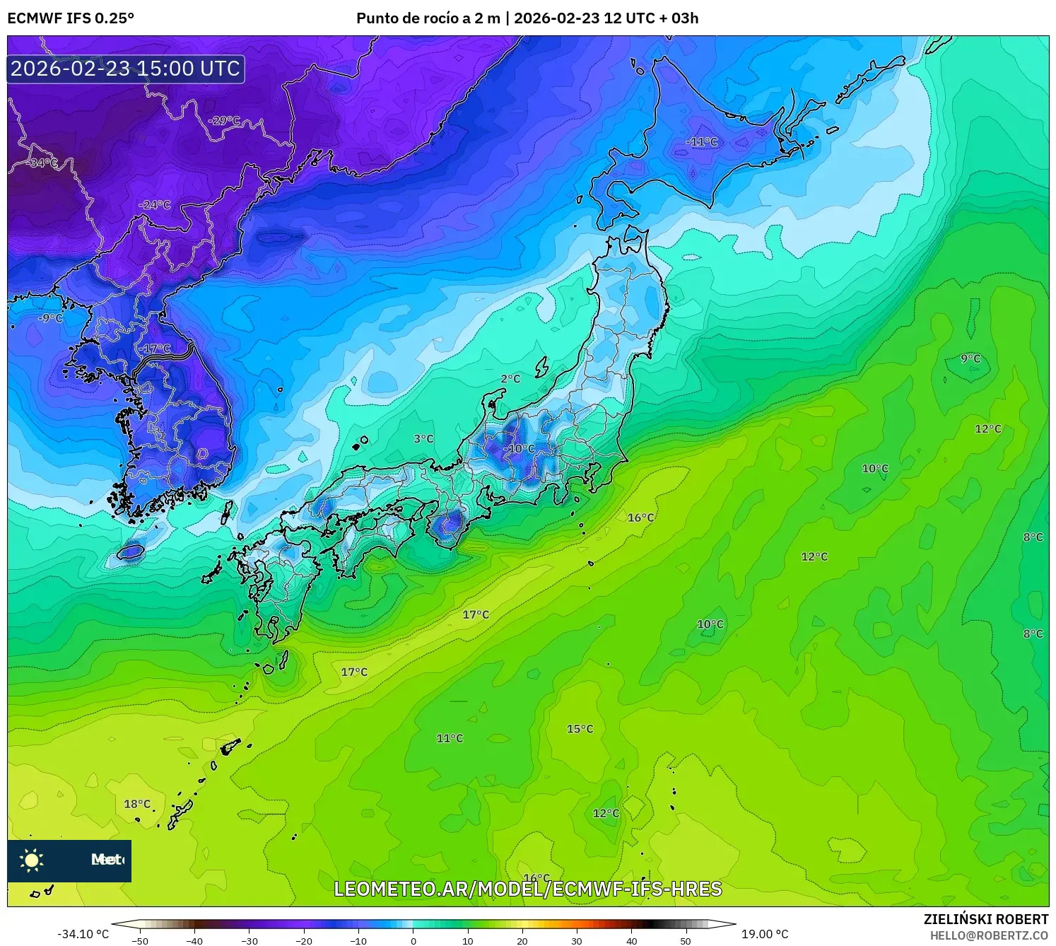 ECMWF IFS 0.25° model - Japón, Punto de rocío a 2 m