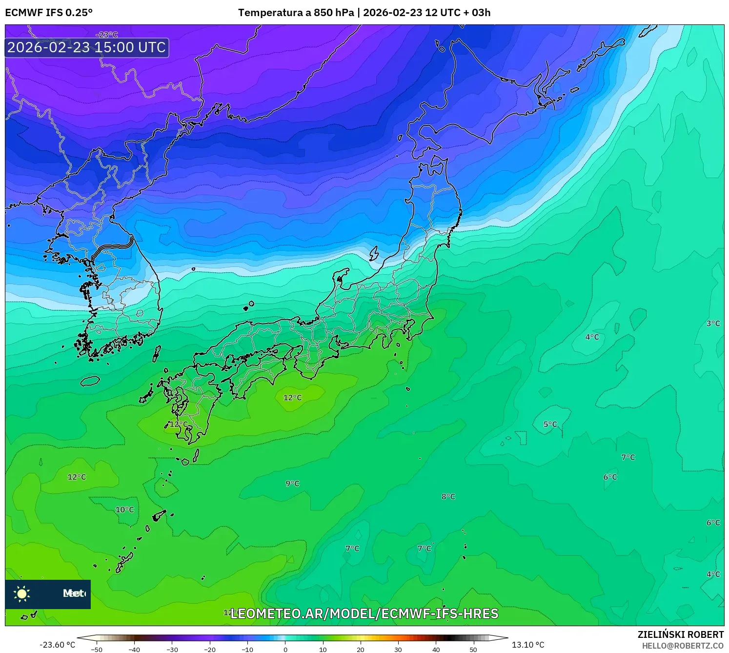 ECMWF IFS 0.25° model - Japón, Temperatura a 850 hPa