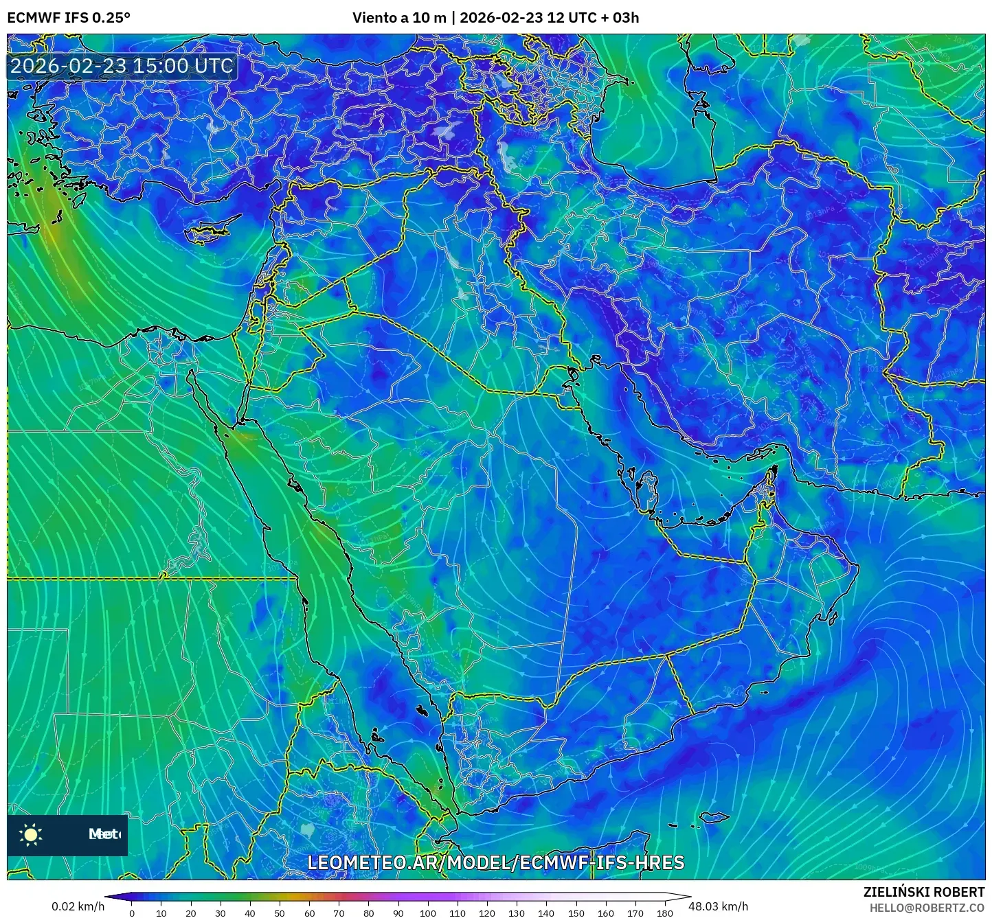ECMWF IFS 0.25° model - Oriente Medio, Viento a 10 m