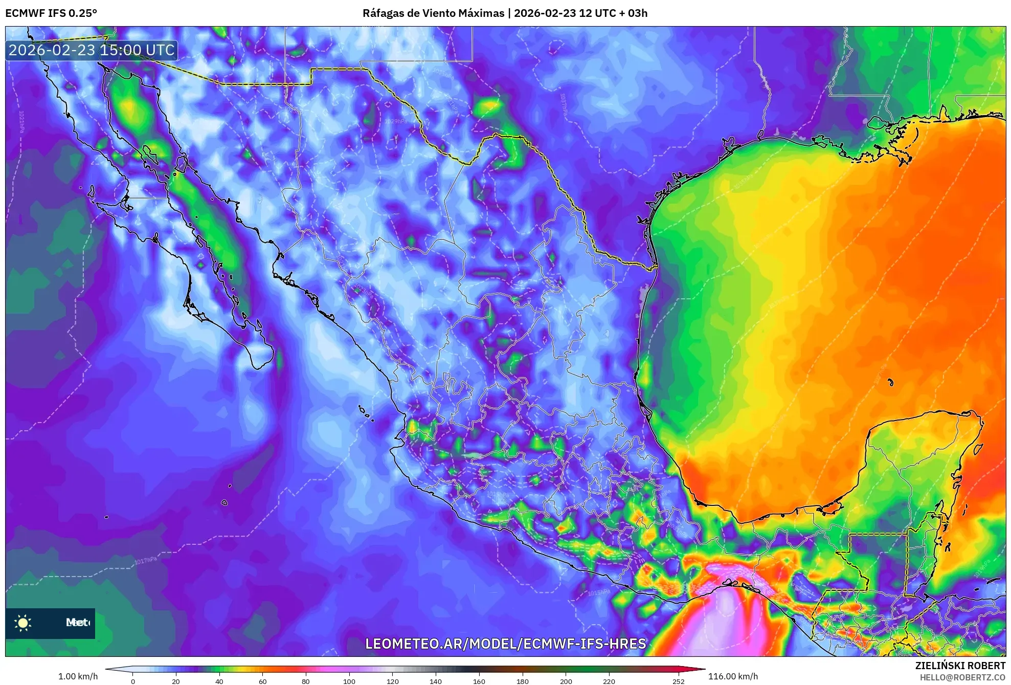ECMWF IFS 0.25° model - México, Ráfagas de Viento Máximas