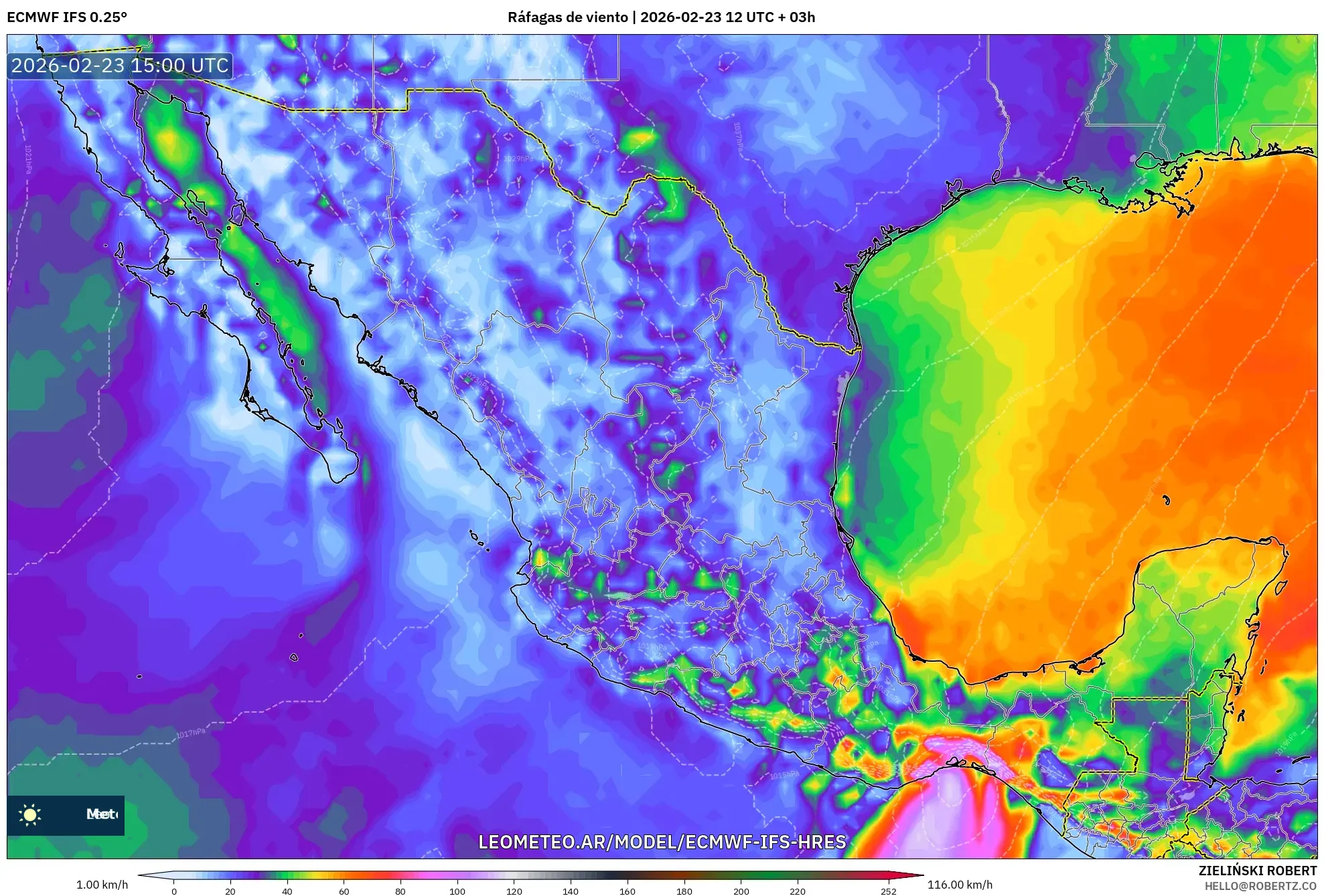 ECMWF IFS 0.25° model - México, Ráfagas de viento