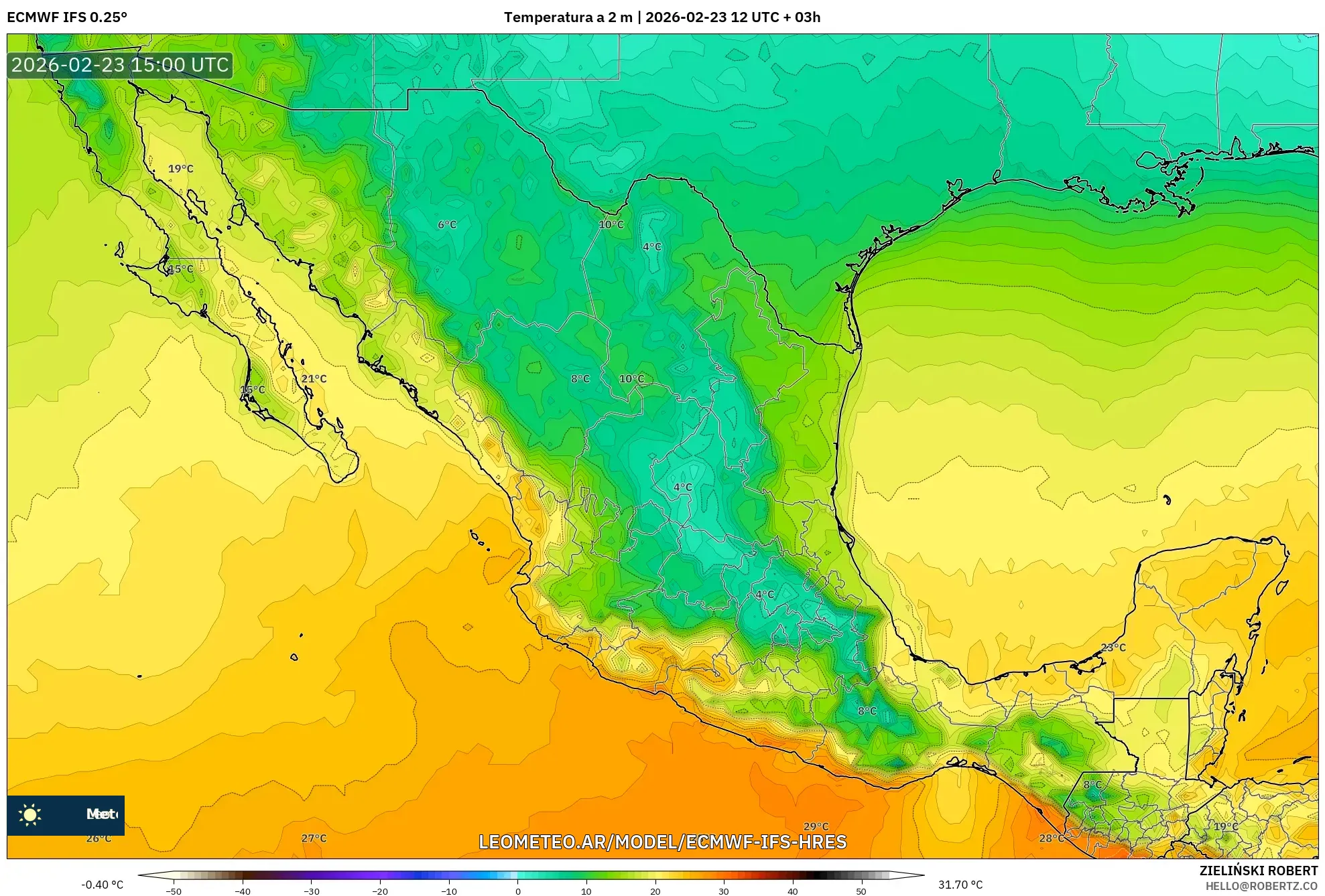 ECMWF IFS 0.25° model - México, Temperatura a 2 m