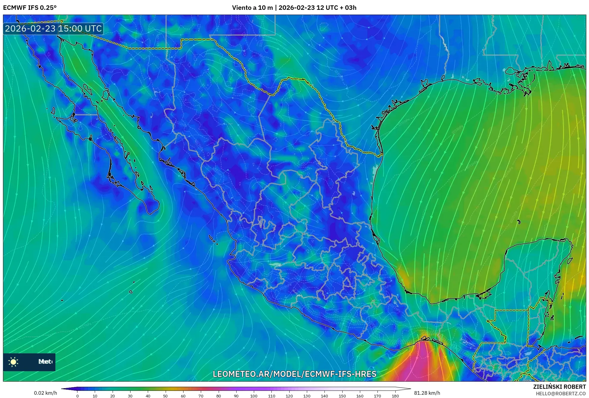 ECMWF IFS 0.25° model - México, Viento a 10 m
