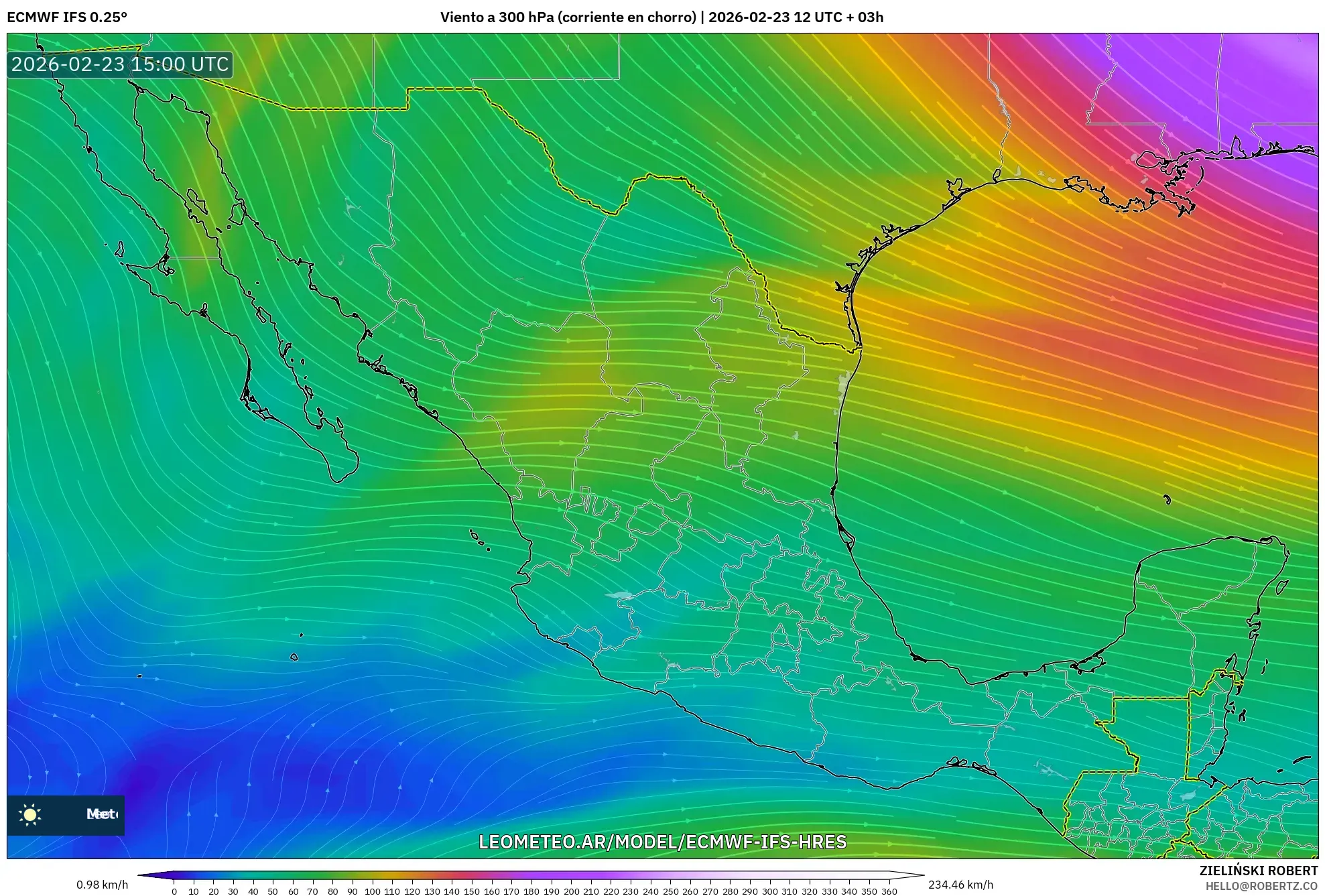 ECMWF IFS 0.25° model - México, Viento a 300 hPa (corriente en chorro)