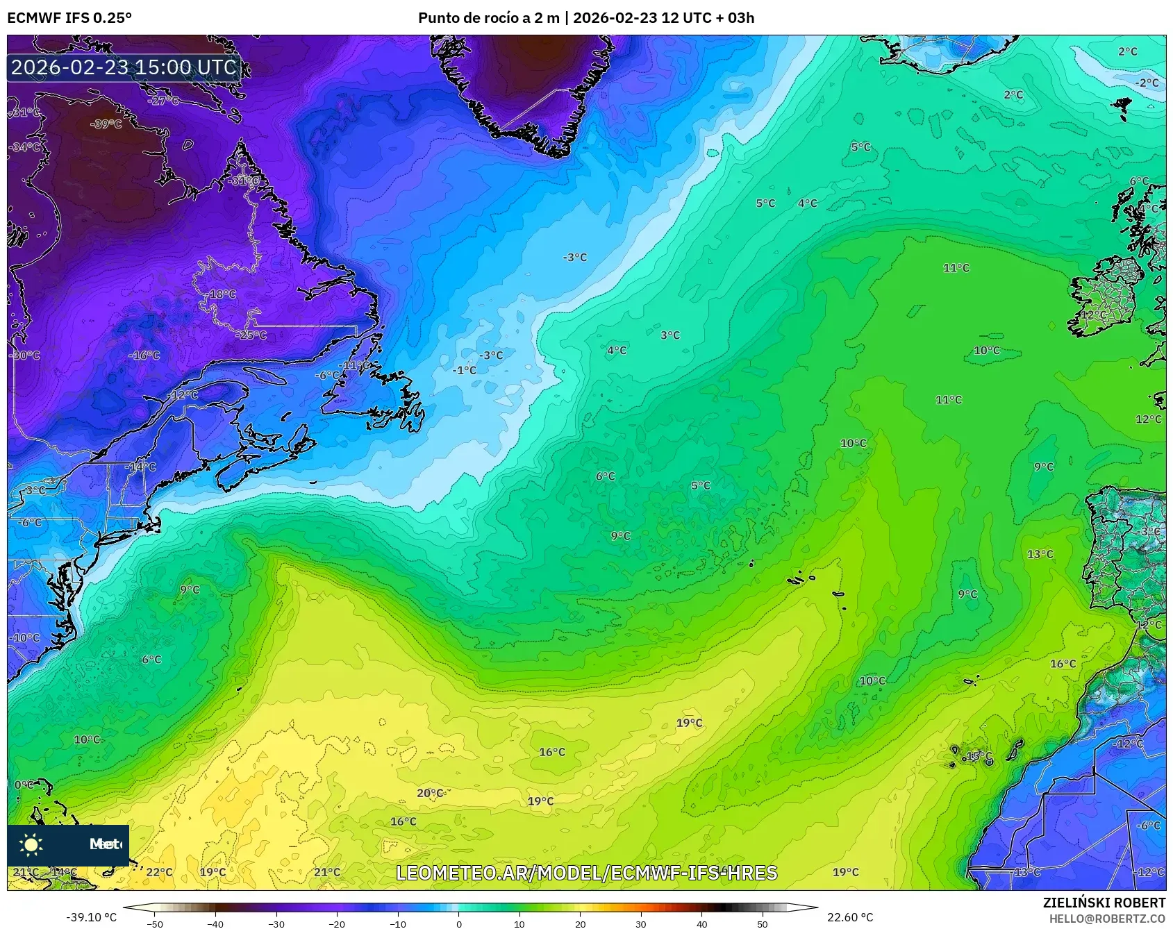 ECMWF IFS 0.25° model - Norte Atlántico, Punto de rocío a 2 m