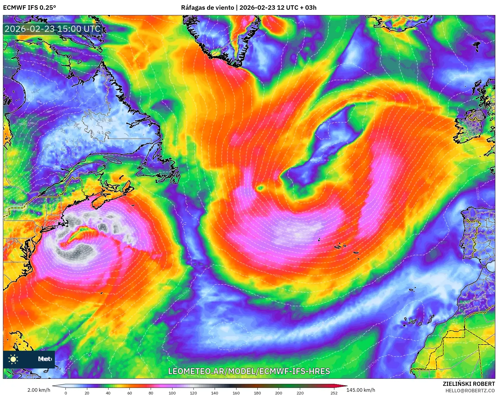 ECMWF IFS 0.25° model - Norte Atlántico, Ráfagas de viento