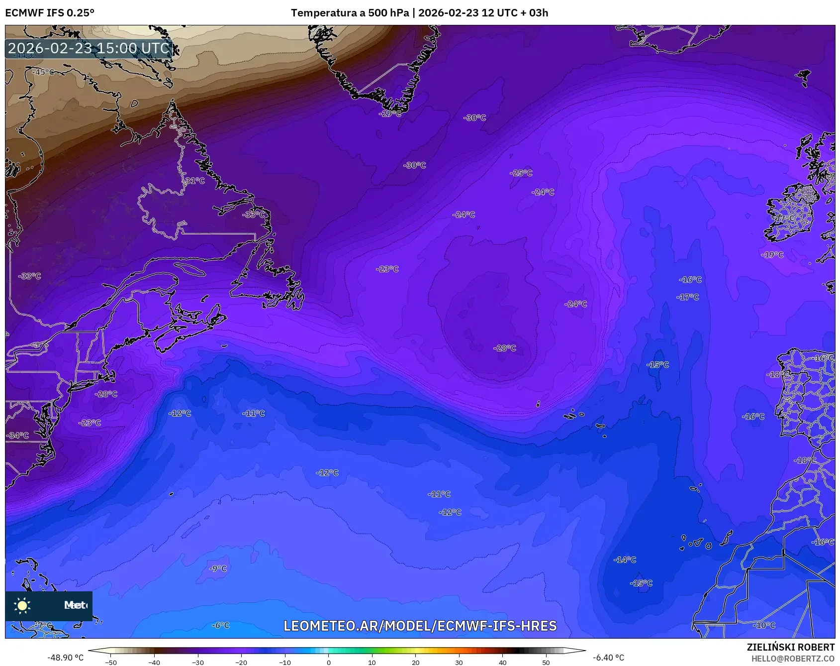 ECMWF IFS 0.25° model - Norte Atlántico, Temperatura a 500 hPa