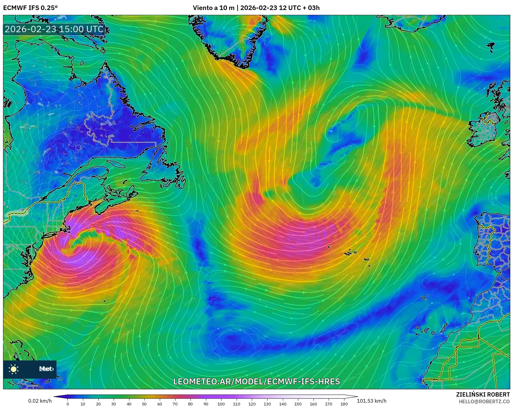 ECMWF IFS 0.25° model - Norte Atlántico, Viento a 10 m