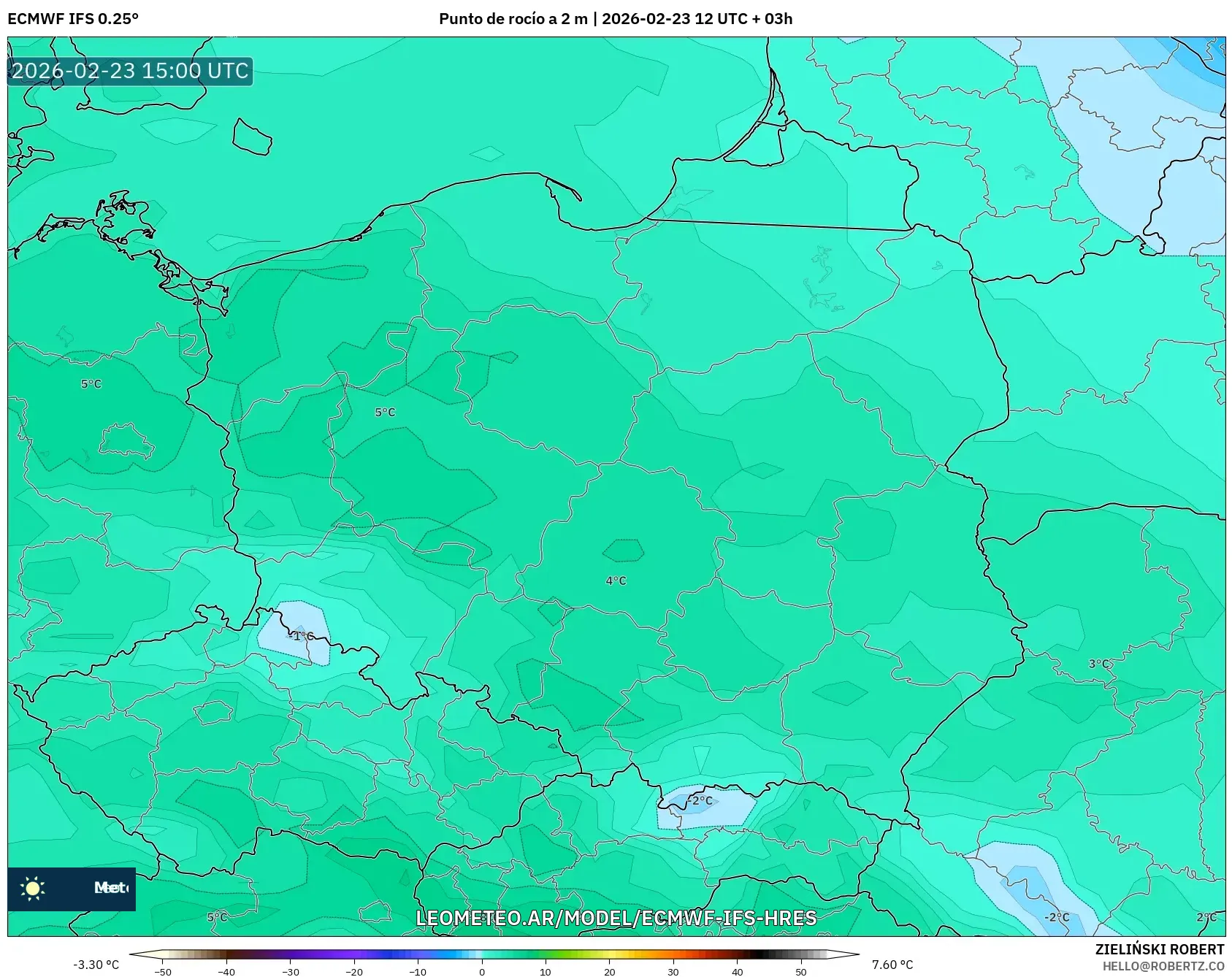 ECMWF IFS 0.25° model - Polonia, Punto de rocío a 2 m