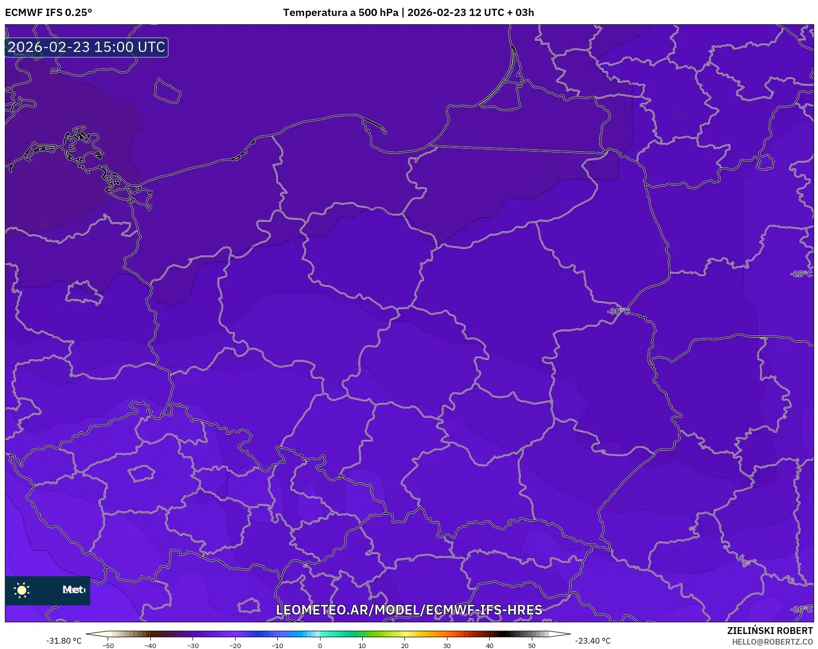 ECMWF IFS 0.25° model - Polonia, Temperatura a 500 hPa