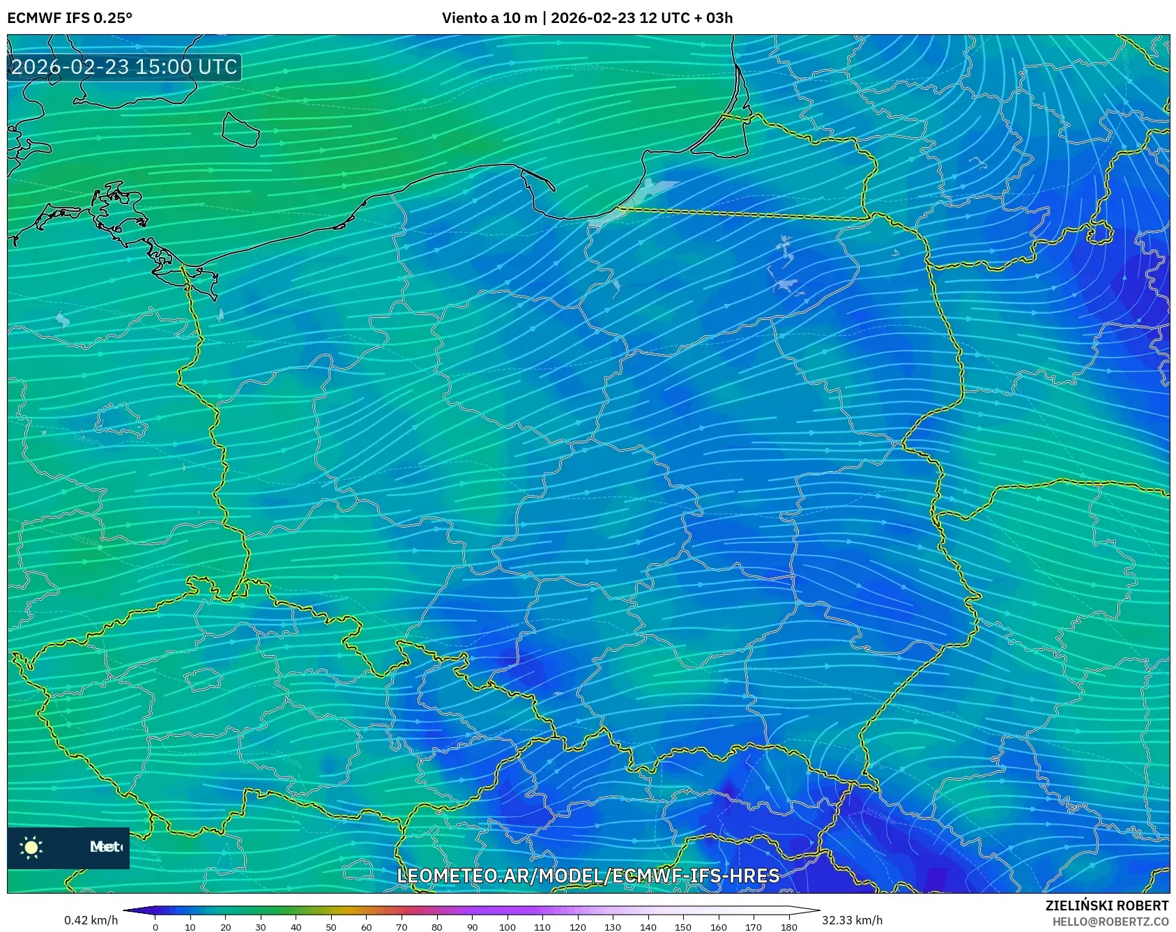 ECMWF IFS 0.25° model - Polonia, Viento a 10 m