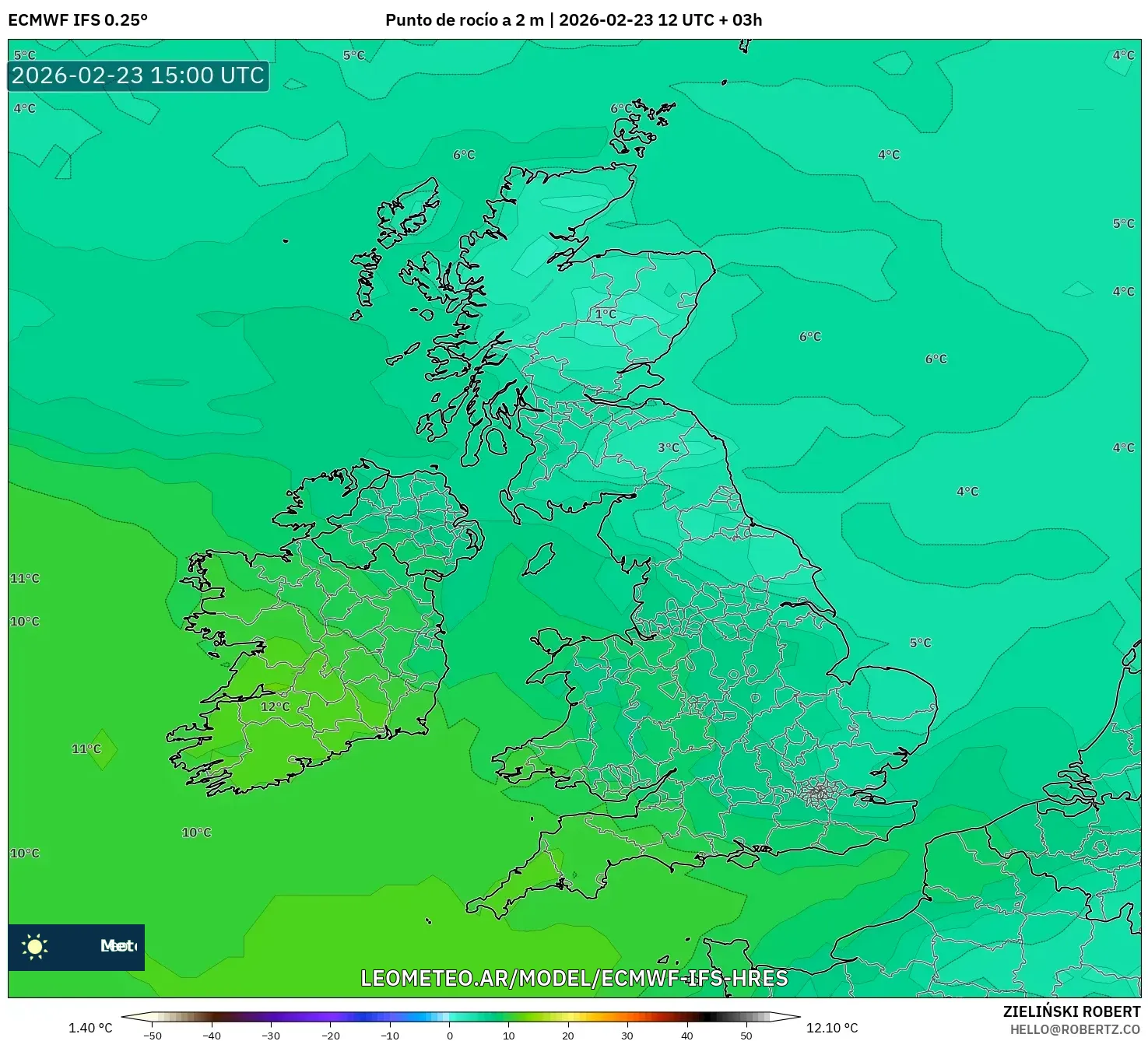 ECMWF IFS 0.25° model - Reino Unido, Punto de rocío a 2 m