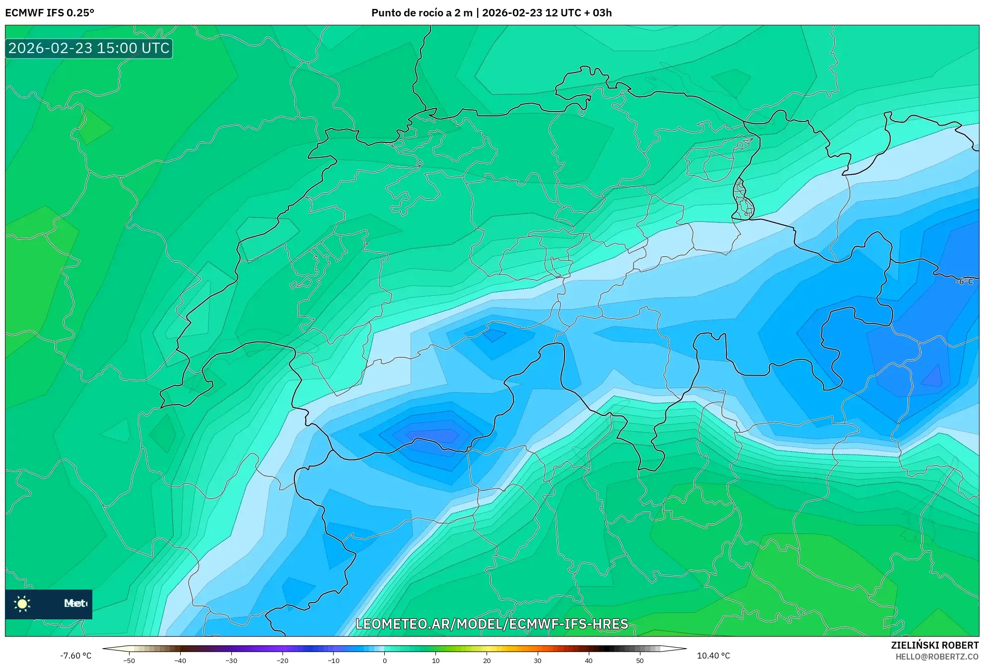 ECMWF IFS 0.25° model - Suiza, Punto de rocío a 2 m