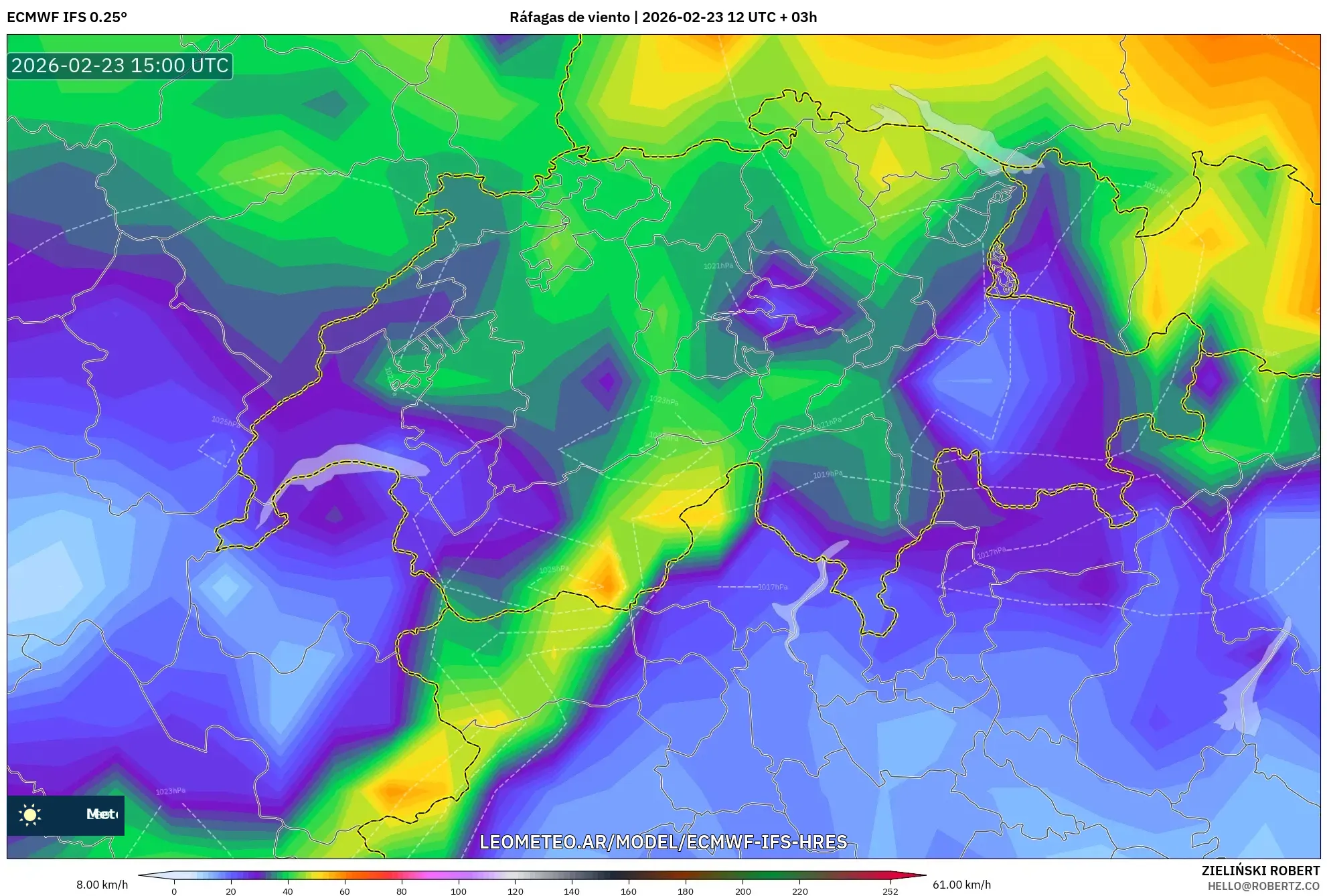 ECMWF IFS 0.25° model - Suiza, Ráfagas de viento