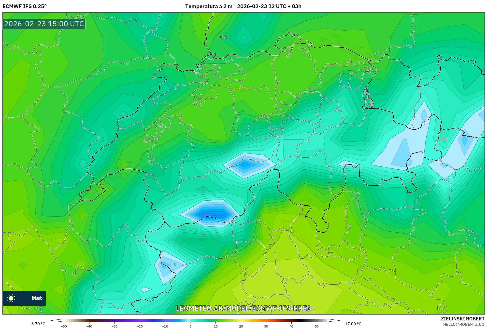 ECMWF IFS 0.25° model - Suiza, Temperatura a 2 m