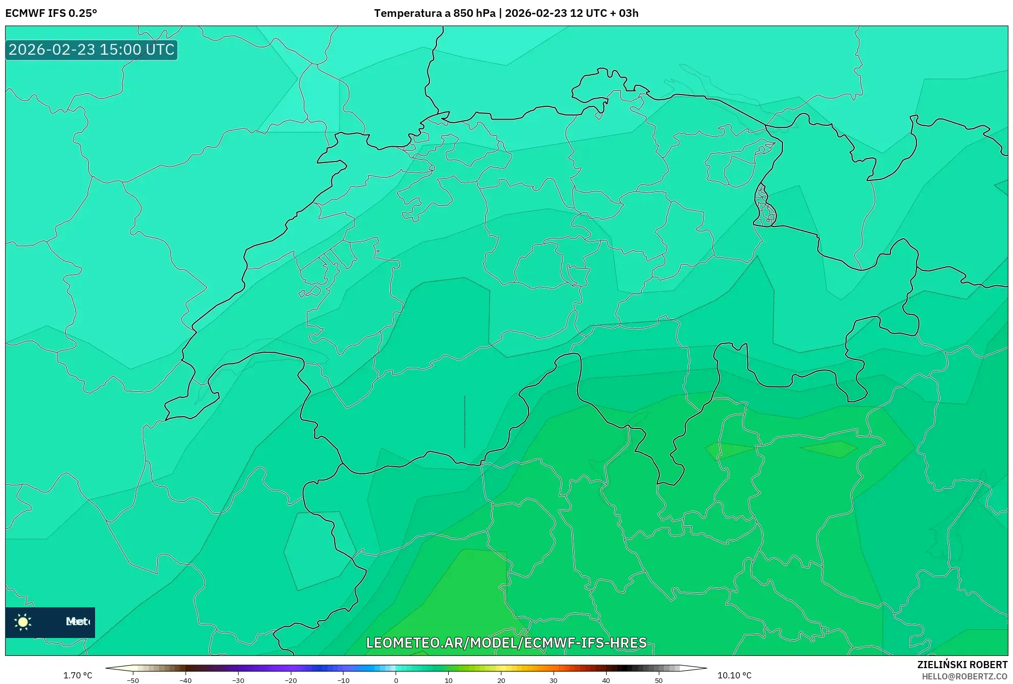 ECMWF IFS 0.25° model - Suiza, Temperatura a 850 hPa