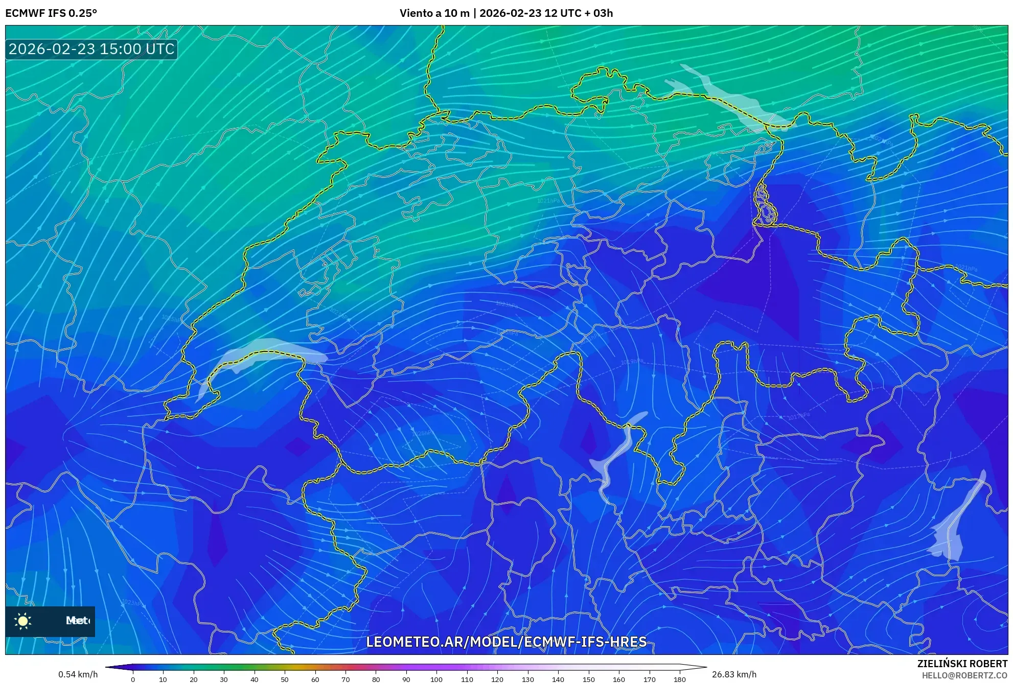 ECMWF IFS 0.25° model - Suiza, Viento a 10 m