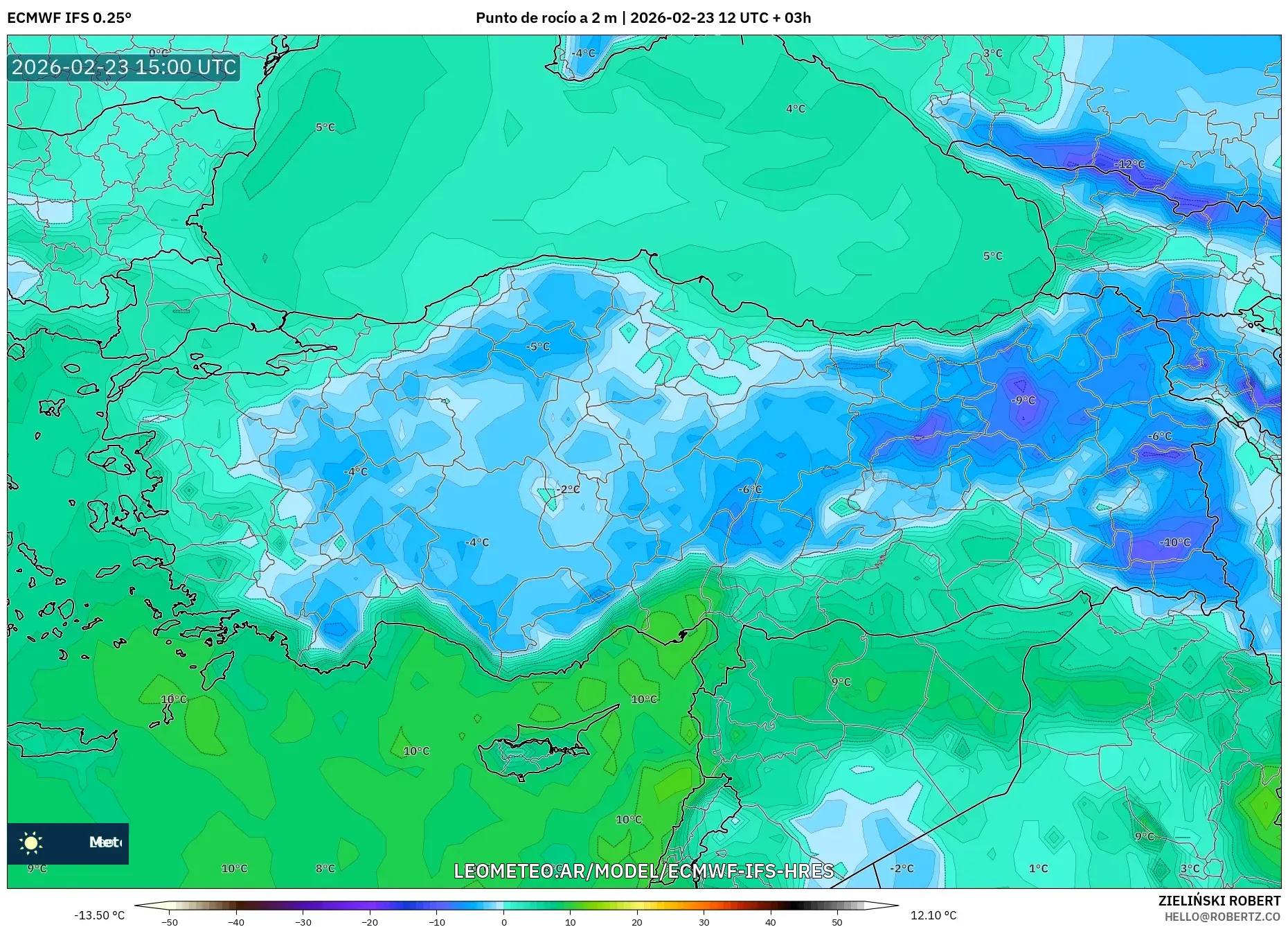 ECMWF IFS 0.25° model - Turquía, Punto de rocío a 2 m