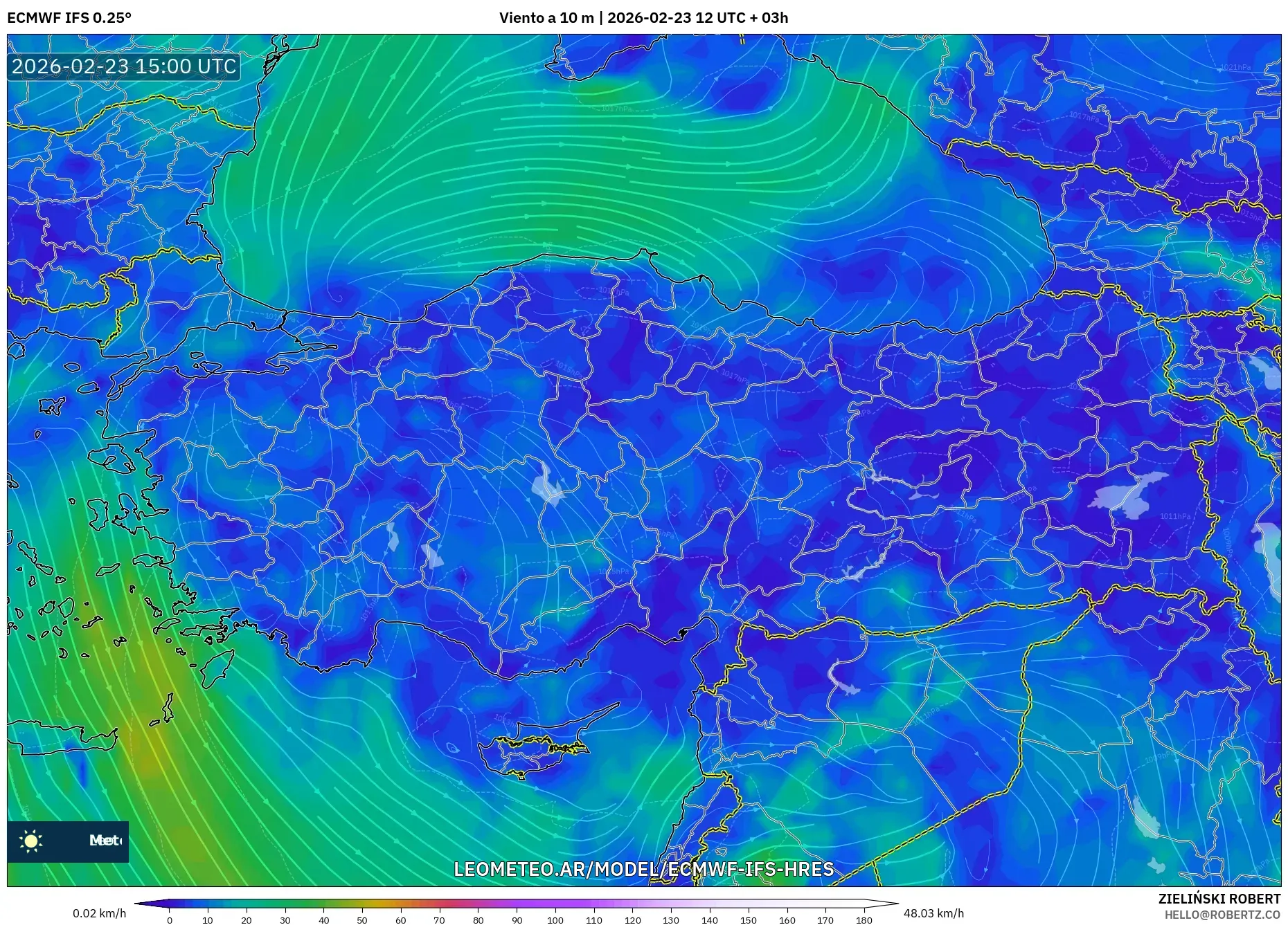 ECMWF IFS 0.25° model - Turquía, Viento a 10 m