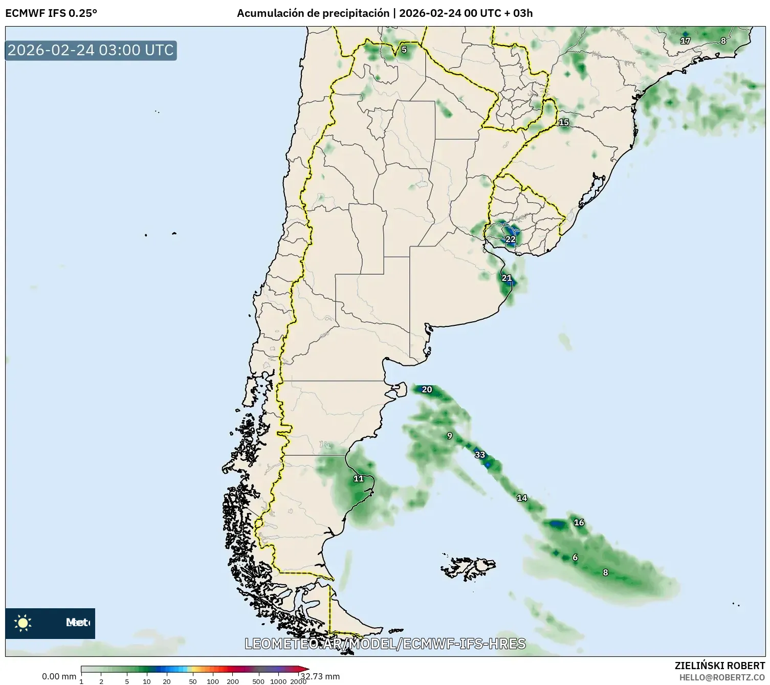 ECMWF IFS 0.25° model - Argentina, Acumulación de precipitación