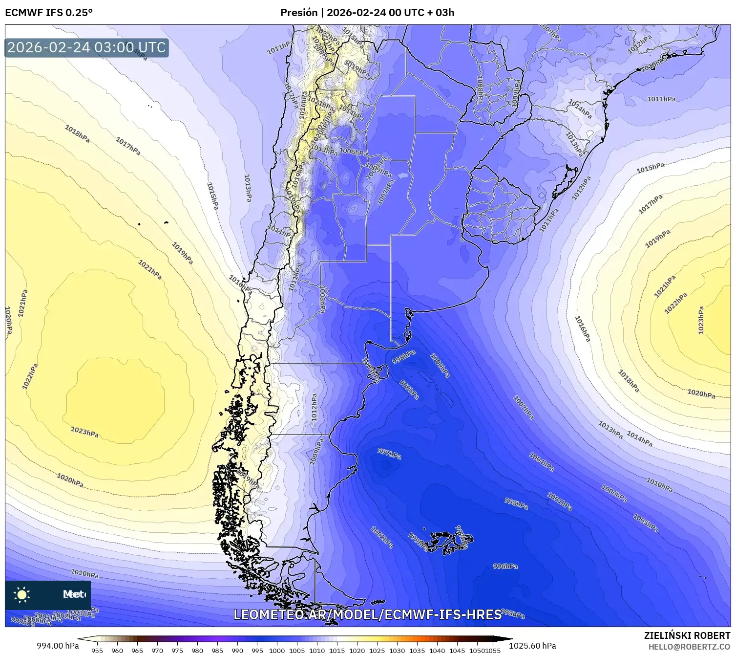 ECMWF IFS 0.25° model - Argentina, Presión