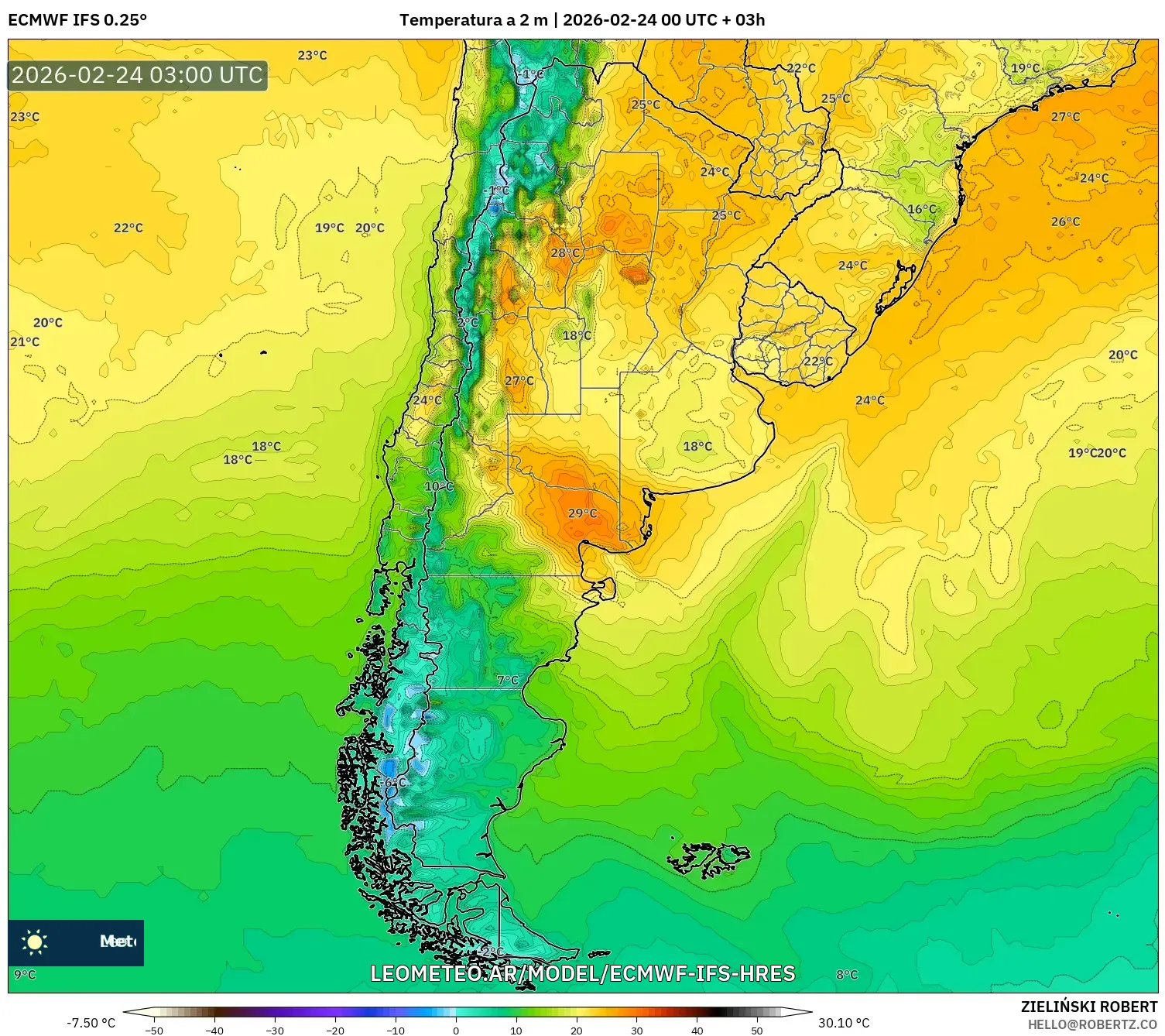 ECMWF IFS 0.25° model - Argentina, Temperatura a 2 m