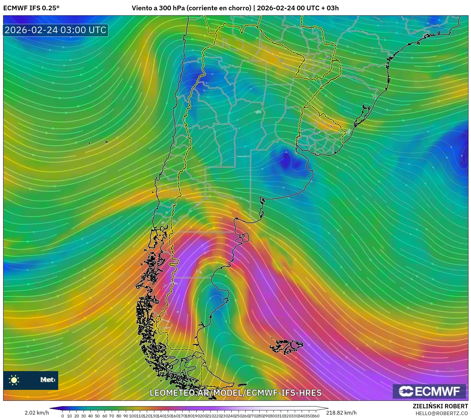 ECMWF IFS 0.25° model - Argentina, Viento a 300 hPa (corriente en chorro)