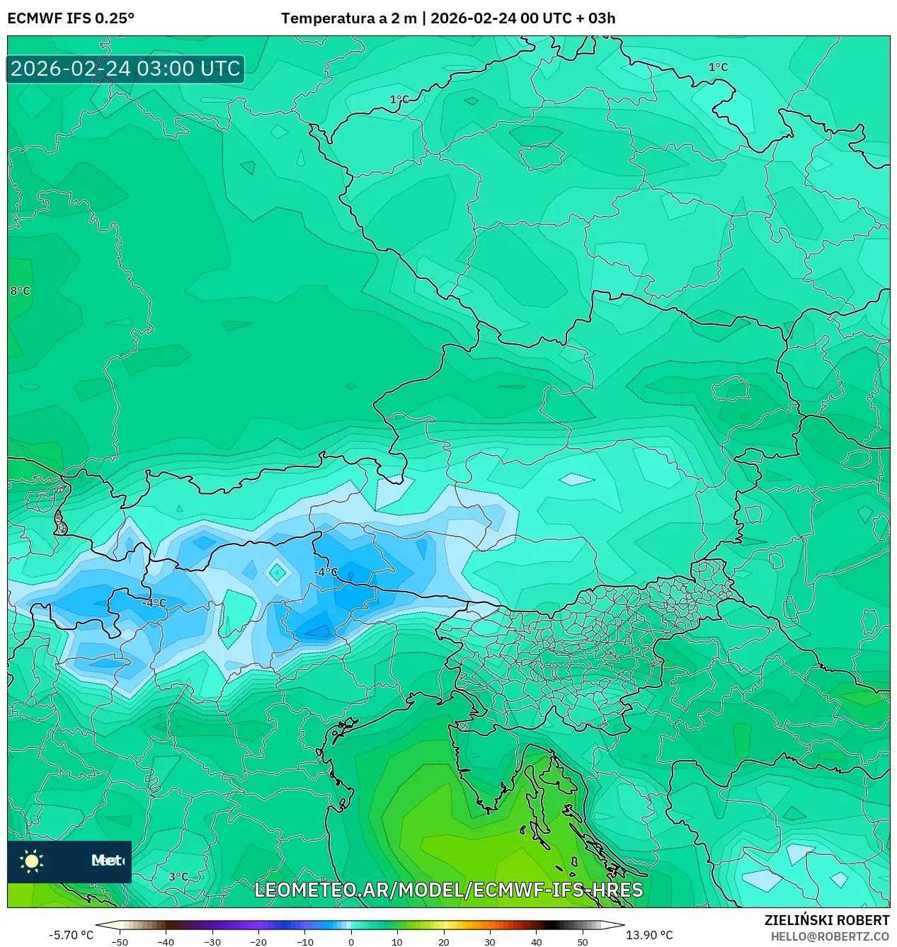 ECMWF IFS 0.25° model - Austria, Temperatura a 2 m