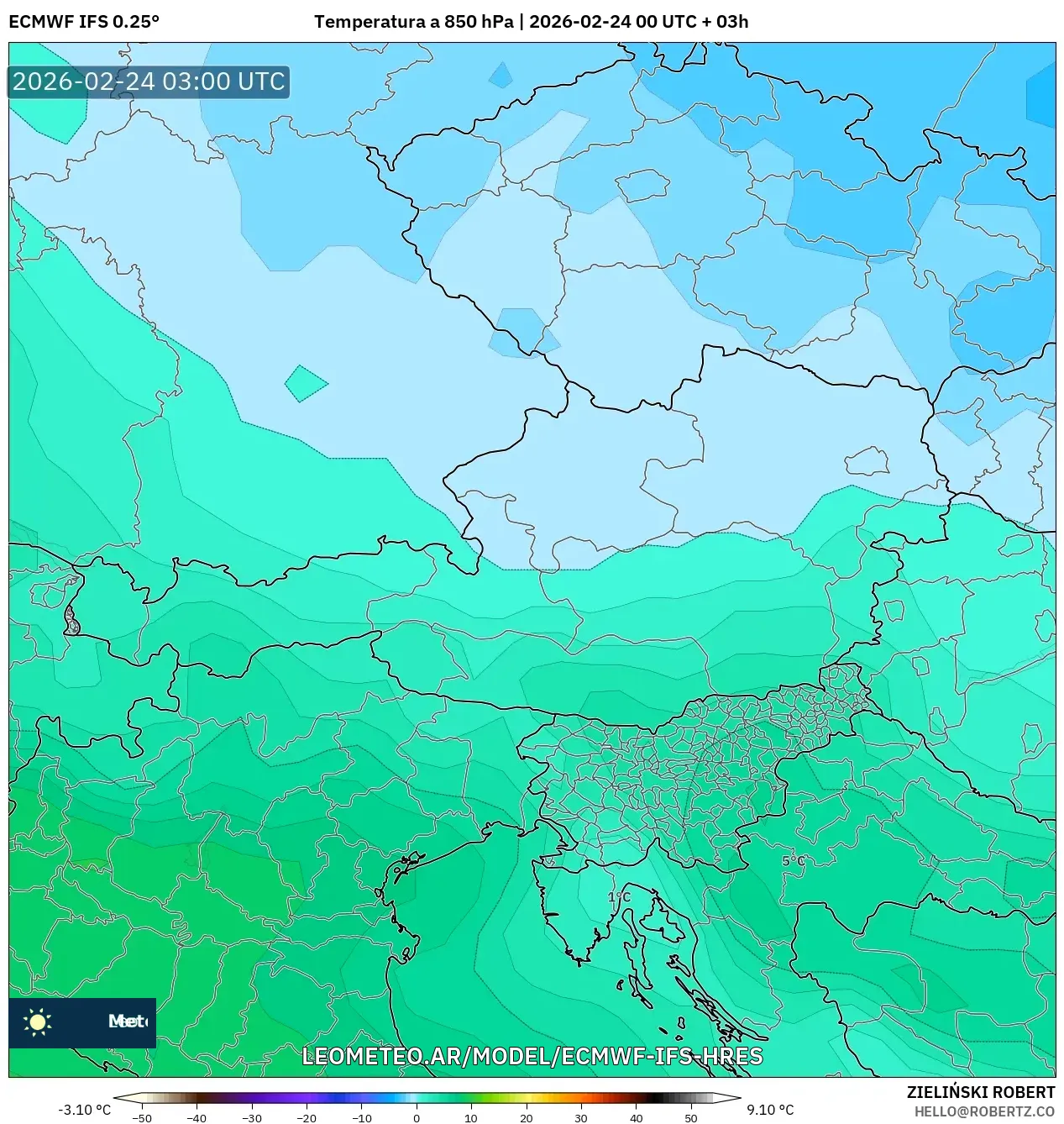 ECMWF IFS 0.25° model - Austria, Temperatura a 850 hPa