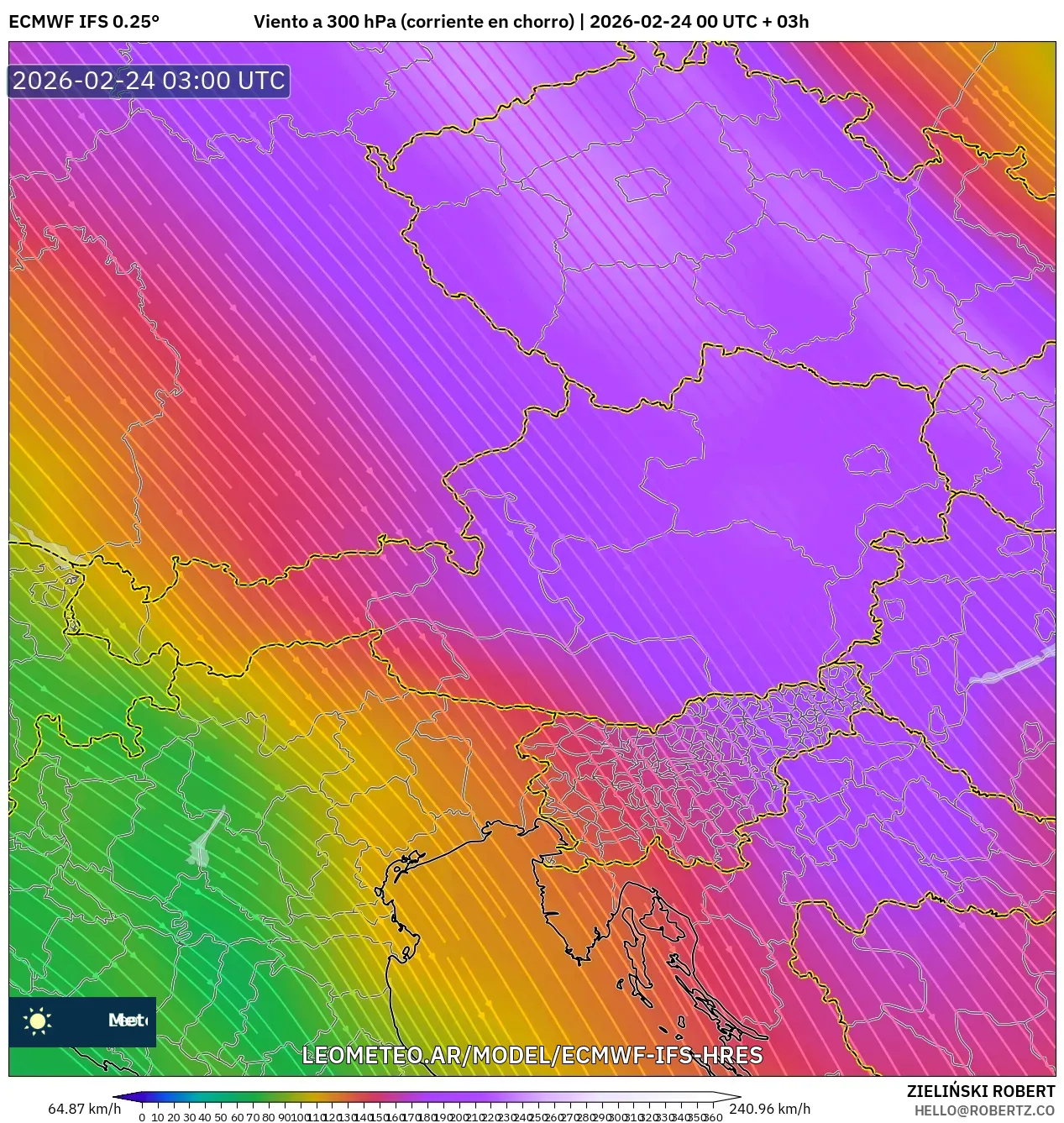 ECMWF IFS 0.25° model - Austria, Viento a 300 hPa (corriente en chorro)