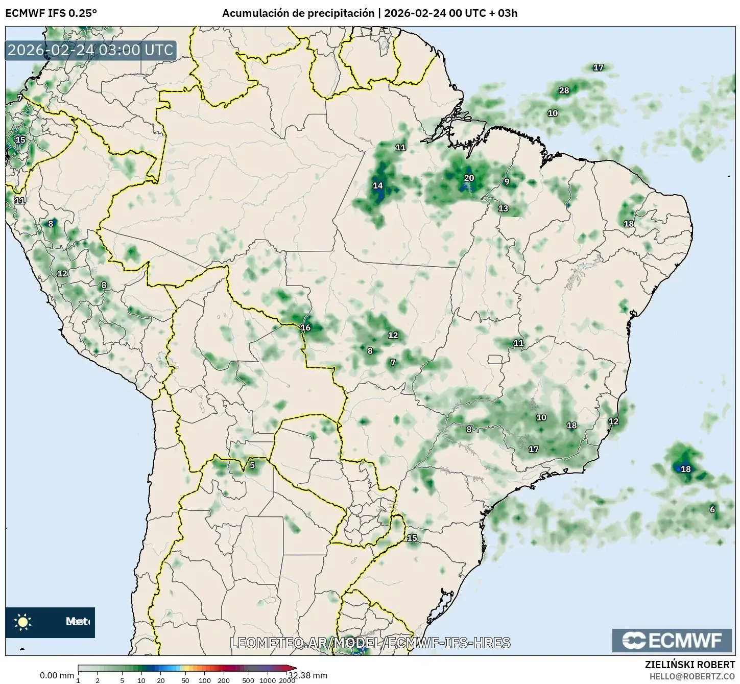 ECMWF IFS 0.25° model - Brasil, Acumulación de precipitación
