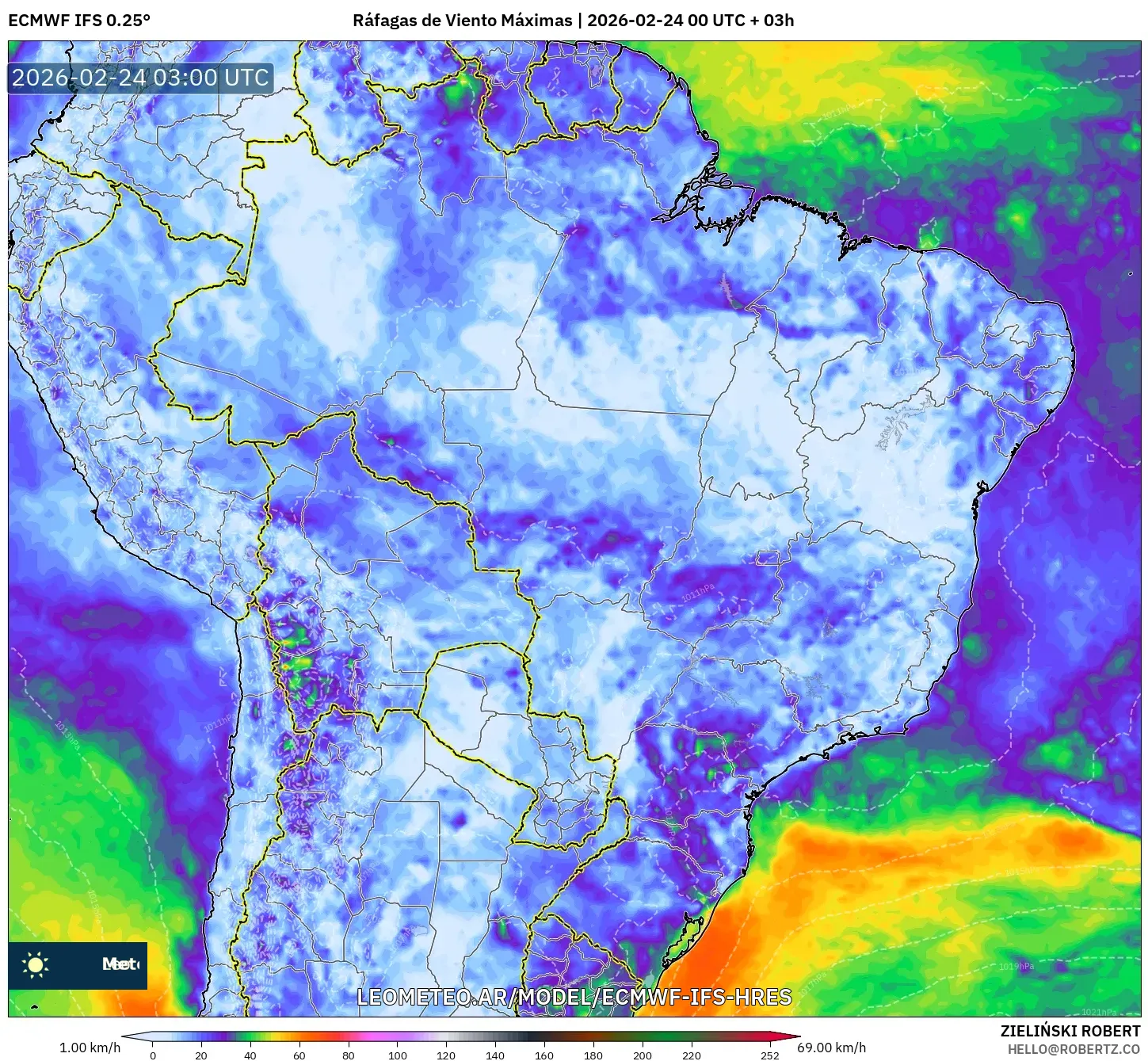 ECMWF IFS 0.25° model - Brasil, Ráfagas de Viento Máximas