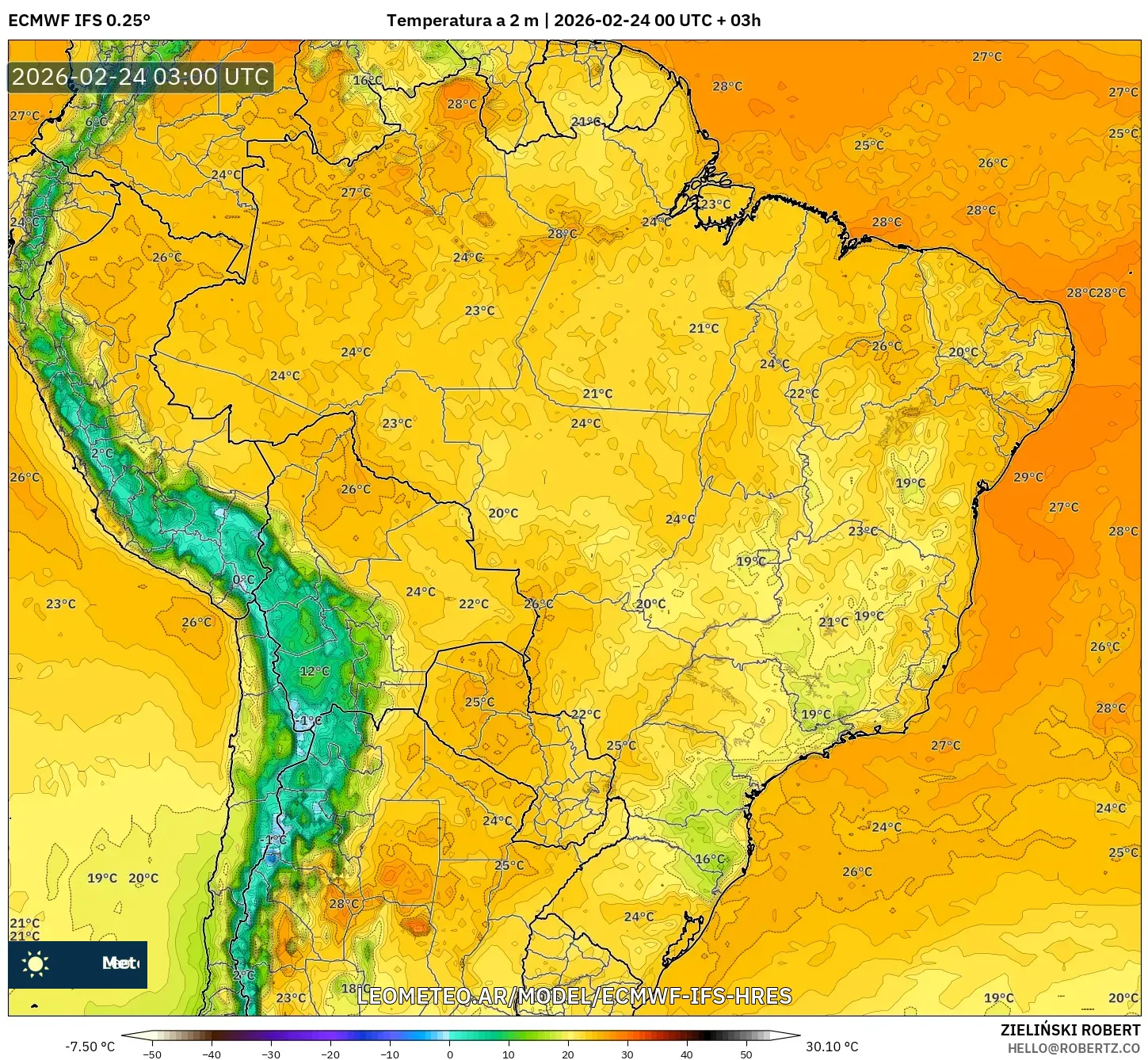 ECMWF IFS 0.25° model - Brasil, Temperatura a 2 m