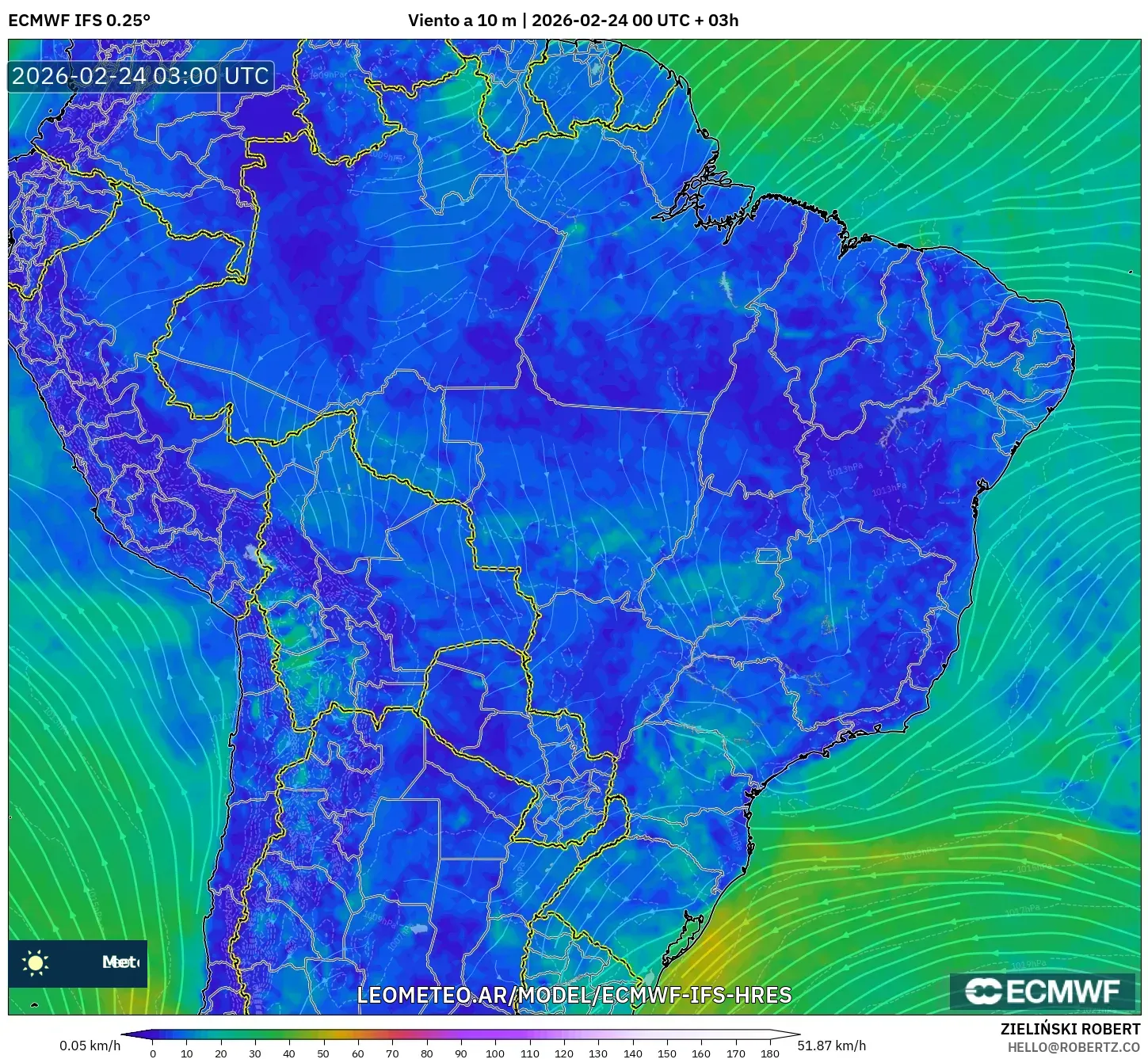 ECMWF IFS 0.25° model - Brasil, Viento a 10 m