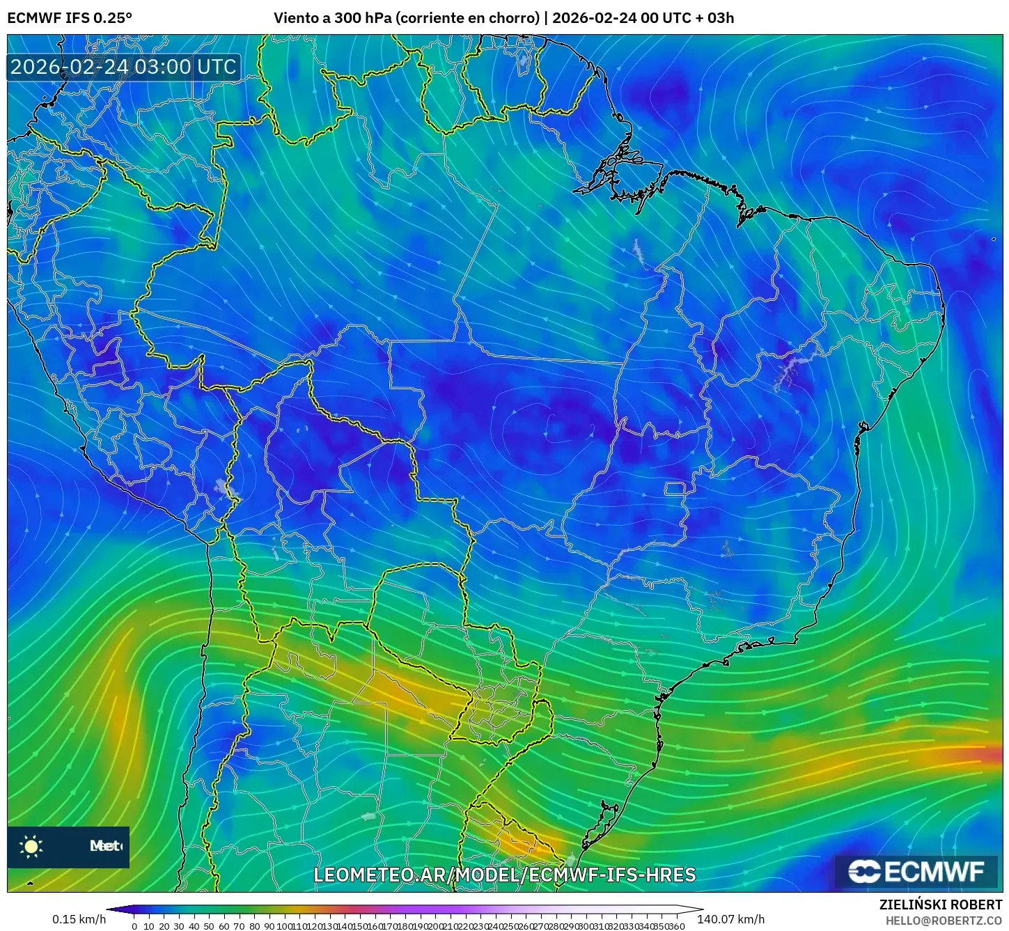 ECMWF IFS 0.25° model - Brasil, Viento a 300 hPa (corriente en chorro)