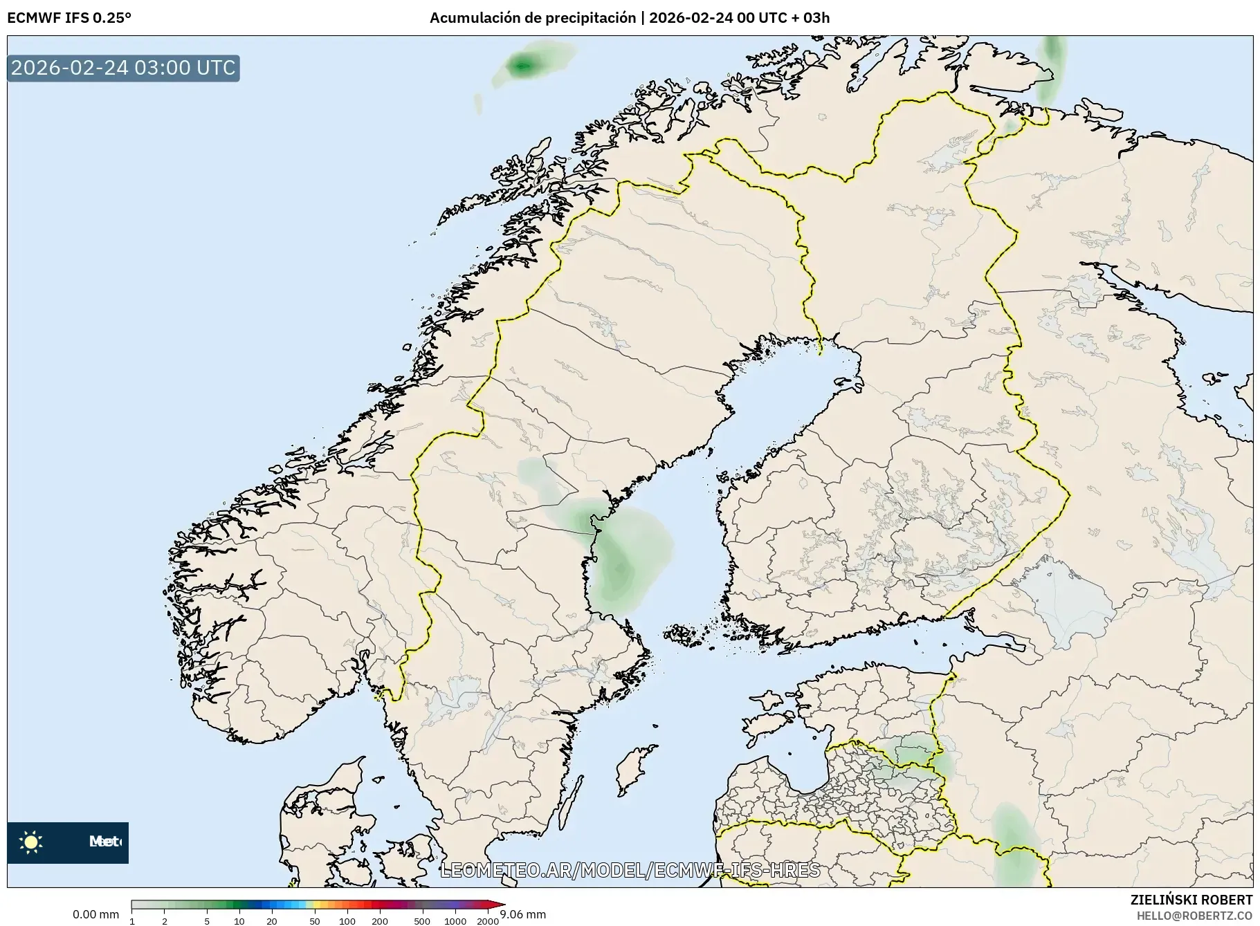 ECMWF IFS 0.25° model - Escandinavia, Acumulación de precipitación