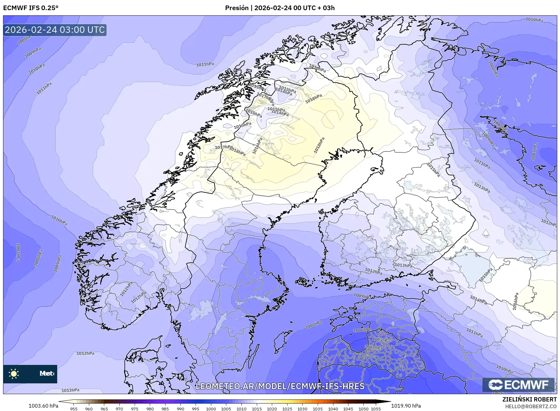 ECMWF IFS 0.25° model - Escandinavia, Presión