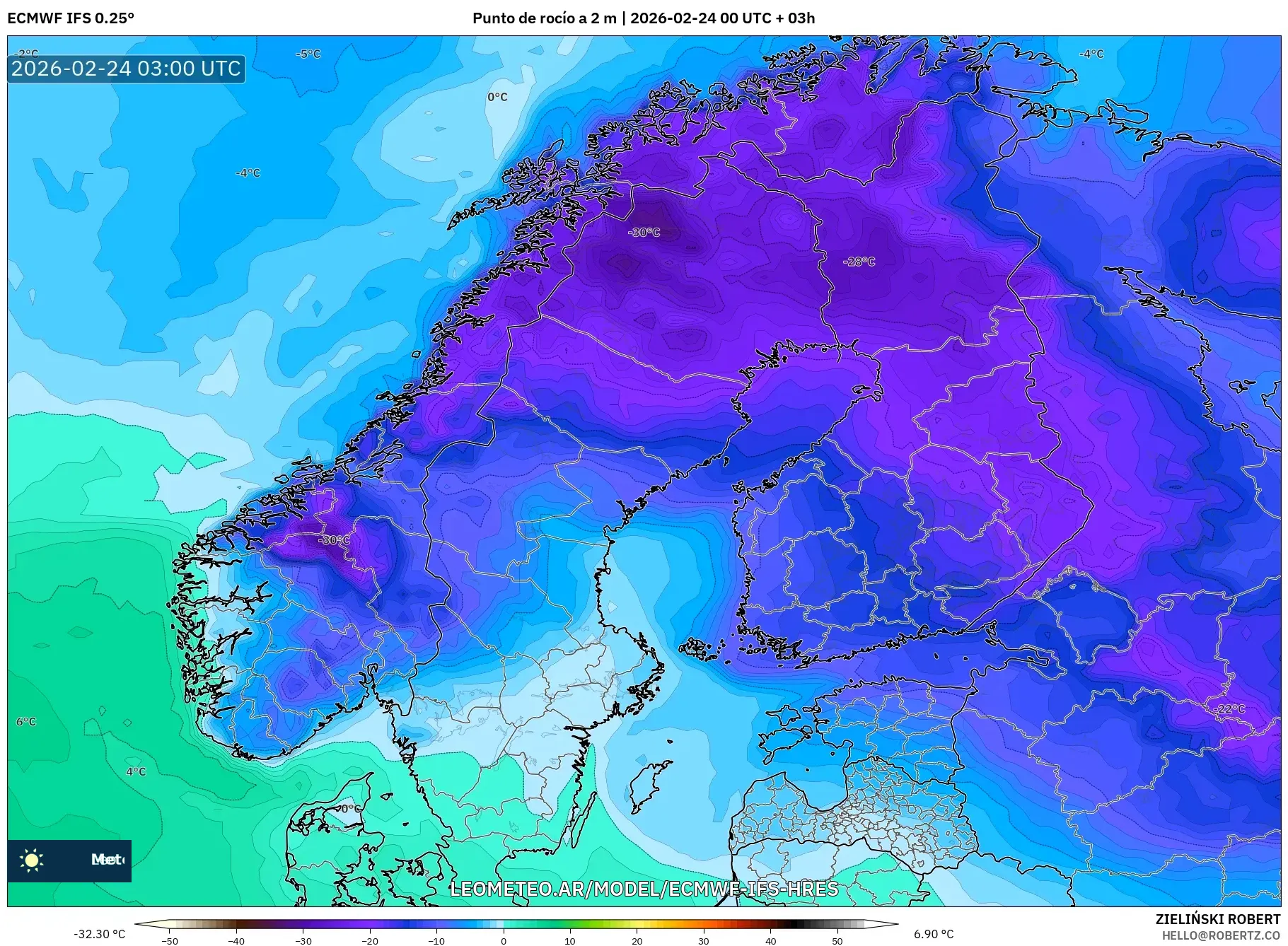 ECMWF IFS 0.25° model - Escandinavia, Punto de rocío a 2 m
