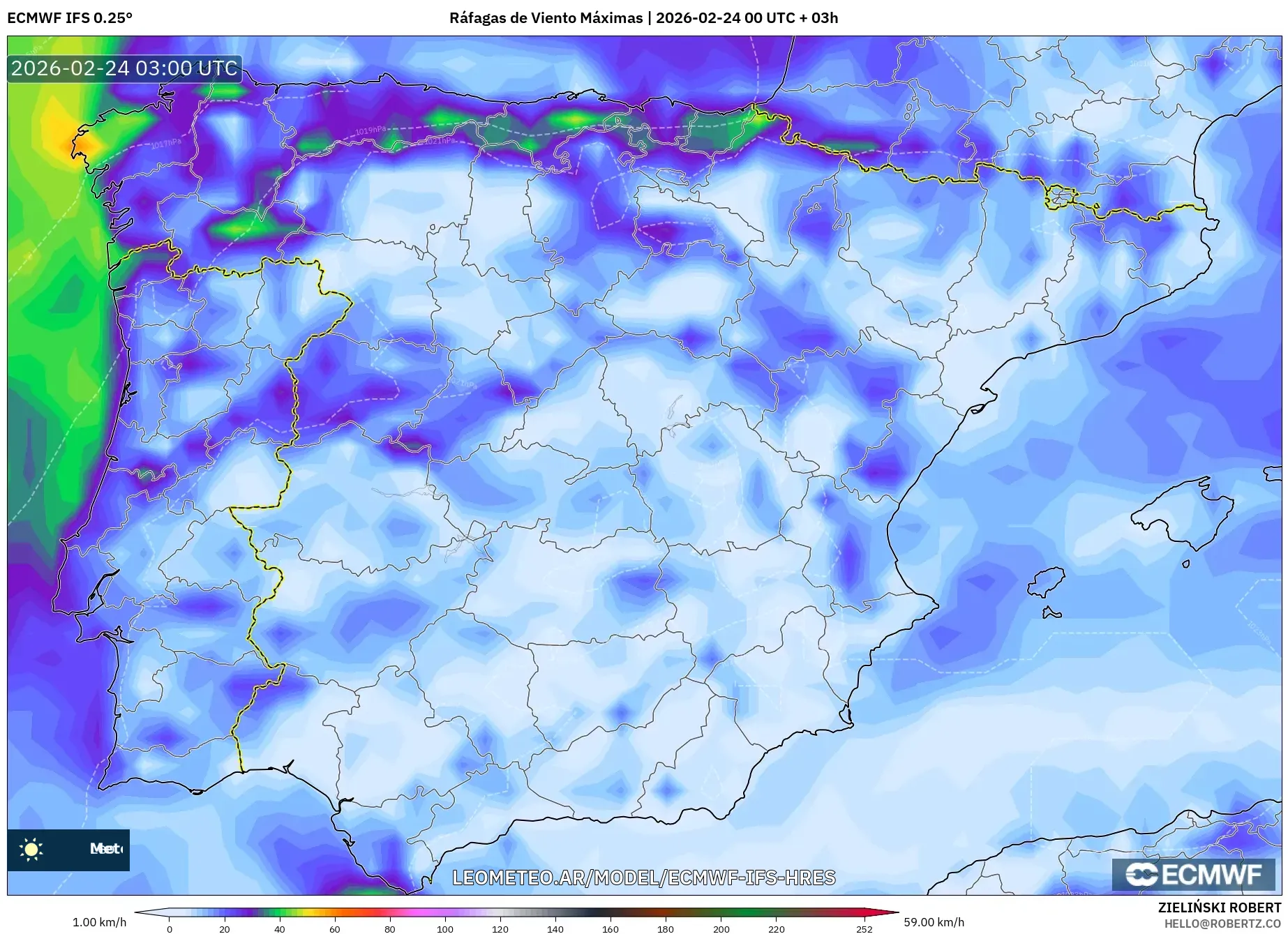 ECMWF IFS 0.25° model - España, Ráfagas de Viento Máximas
