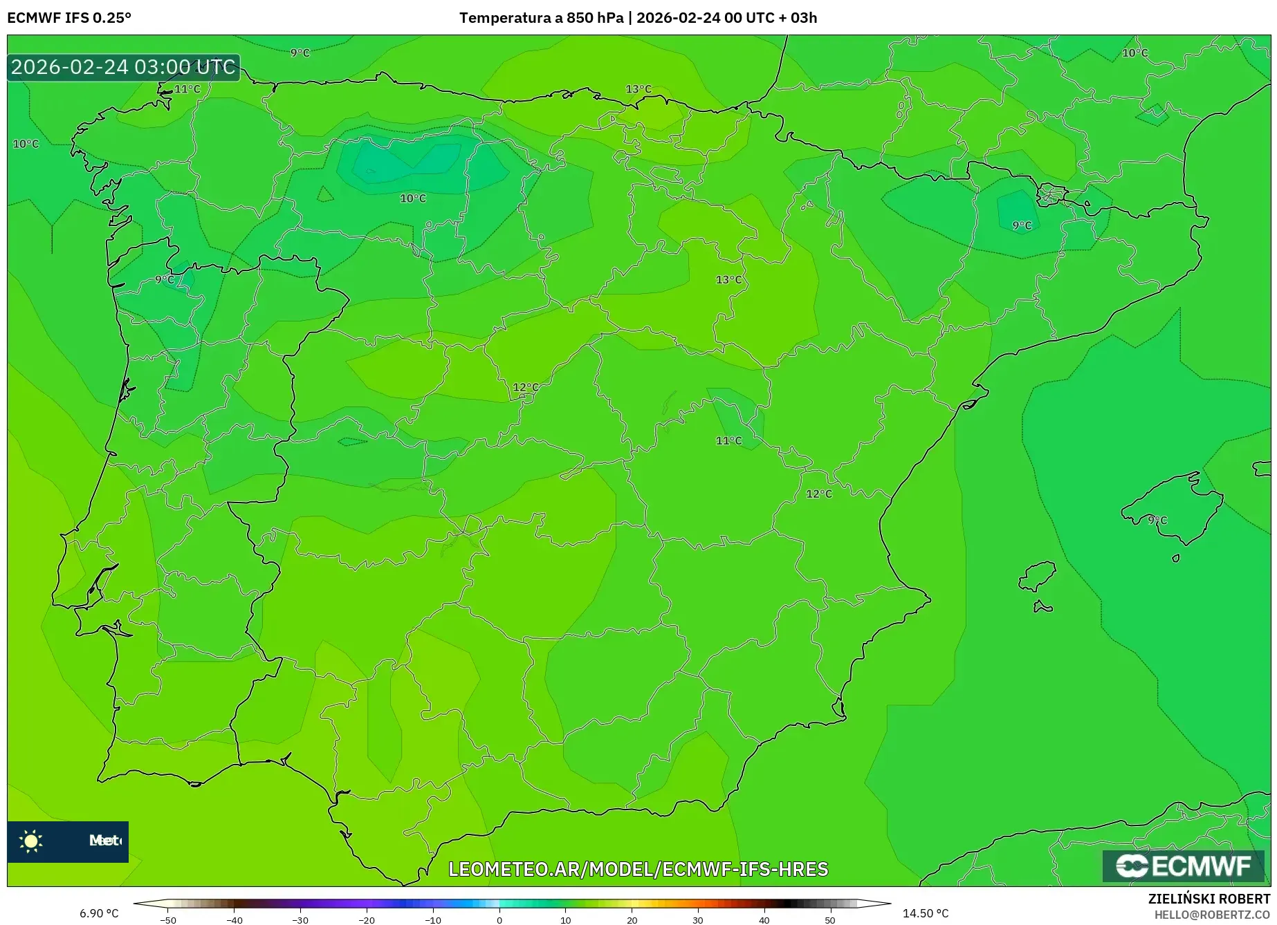 ECMWF IFS 0.25° model - España, Temperatura a 850 hPa