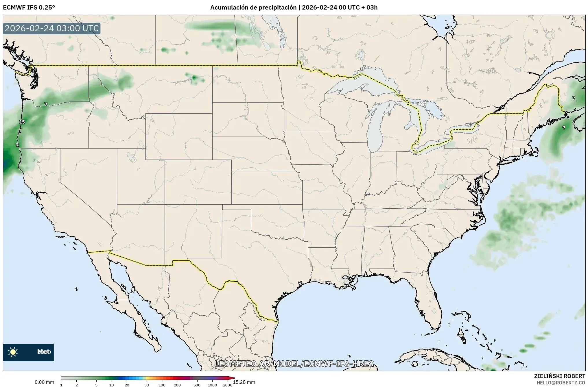 ECMWF IFS 0.25° model - Estados Unidos, Acumulación de precipitación