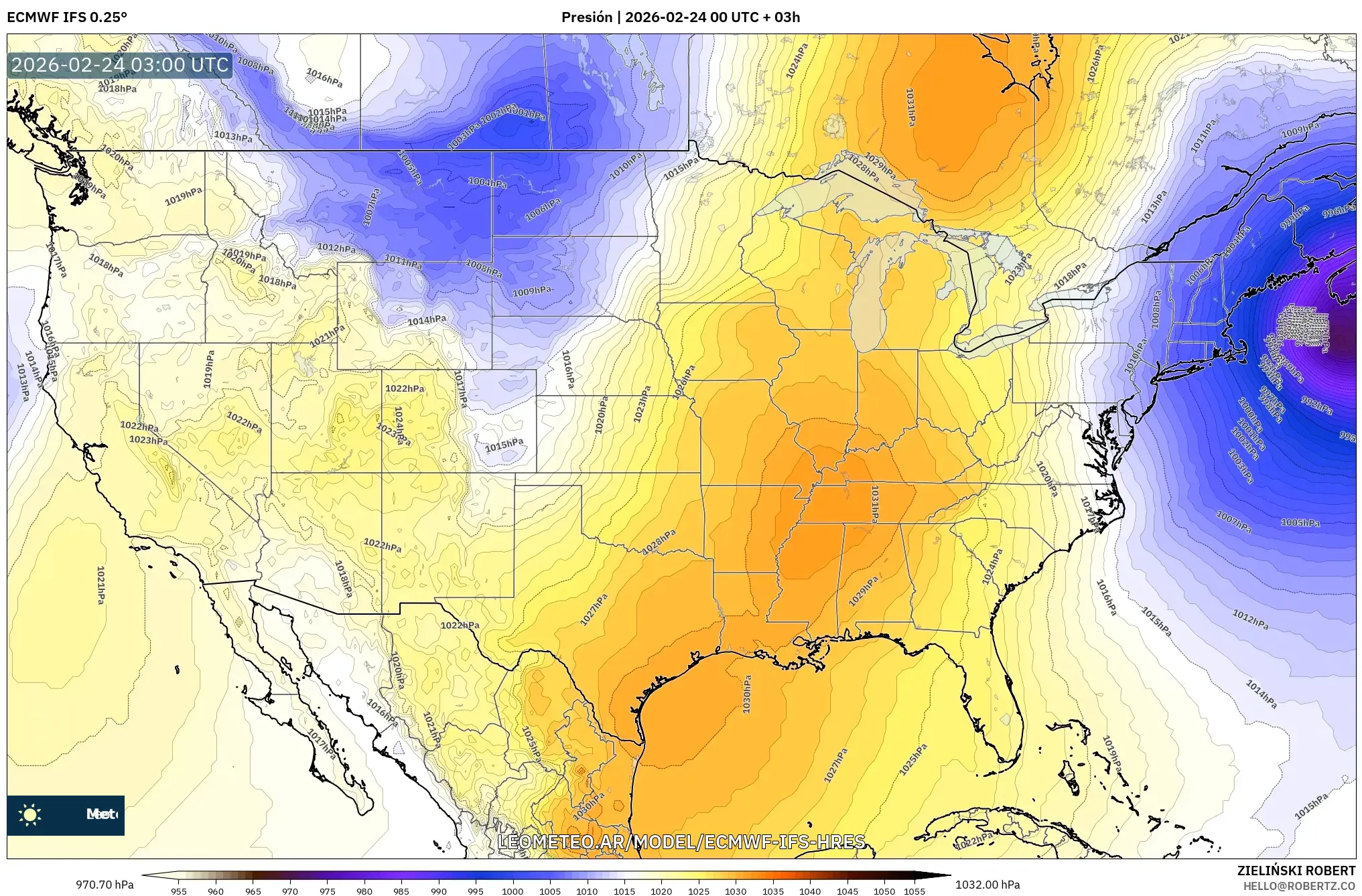 ECMWF IFS 0.25° model - Estados Unidos, Presión